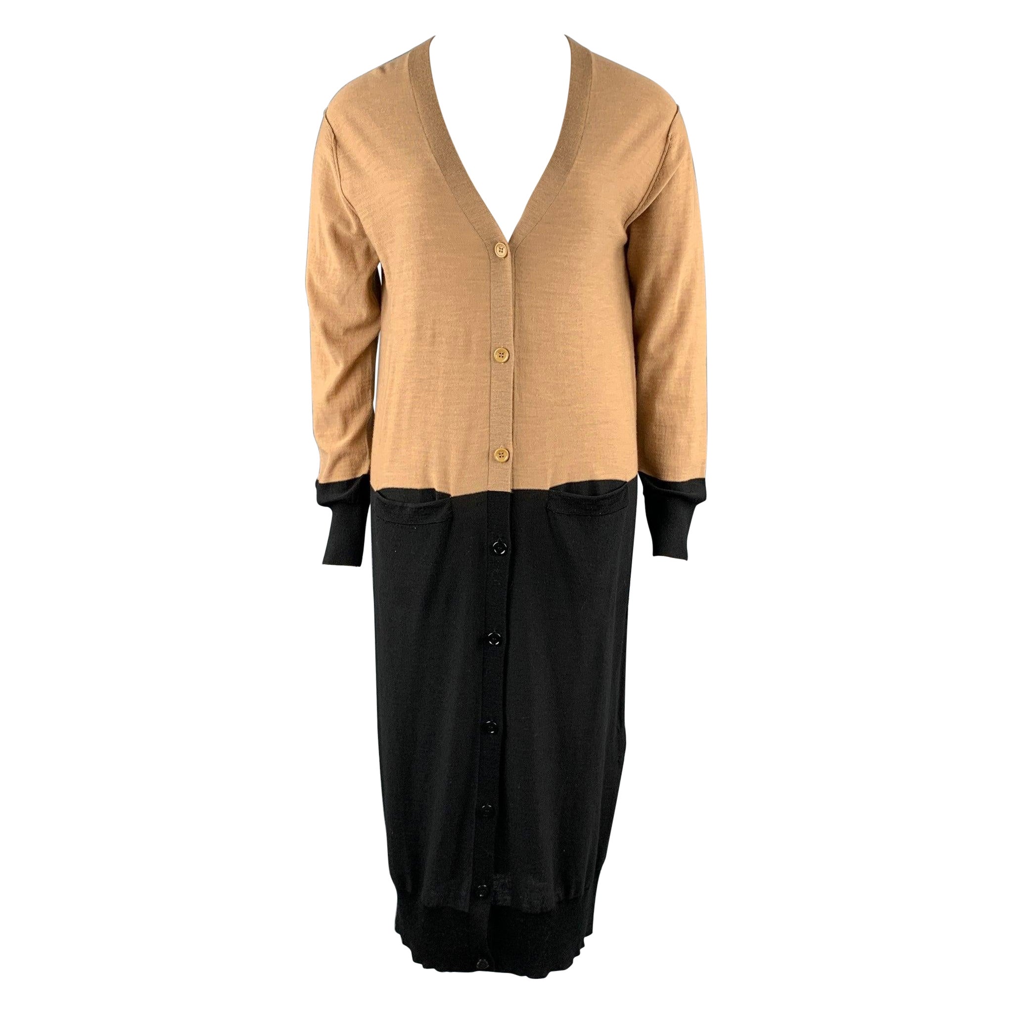 SONIA RYKIEL Size L Black / Beige Knitted Color Block Wool Cardigan For Sale