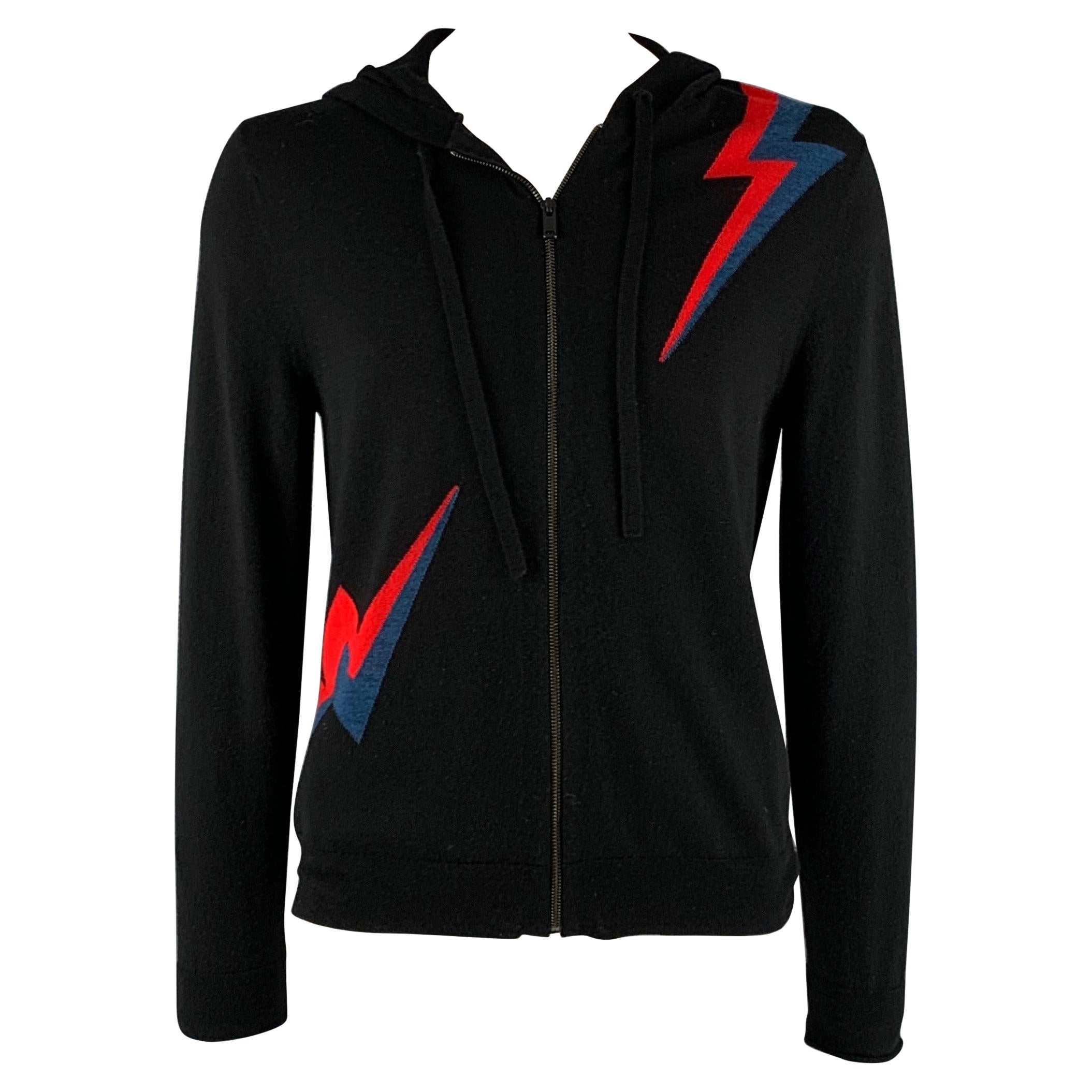 ZADIG & VOLTAIRE Size L Black Red  Blue Color Block Merino Wool Hoodie Cardigan For Sale