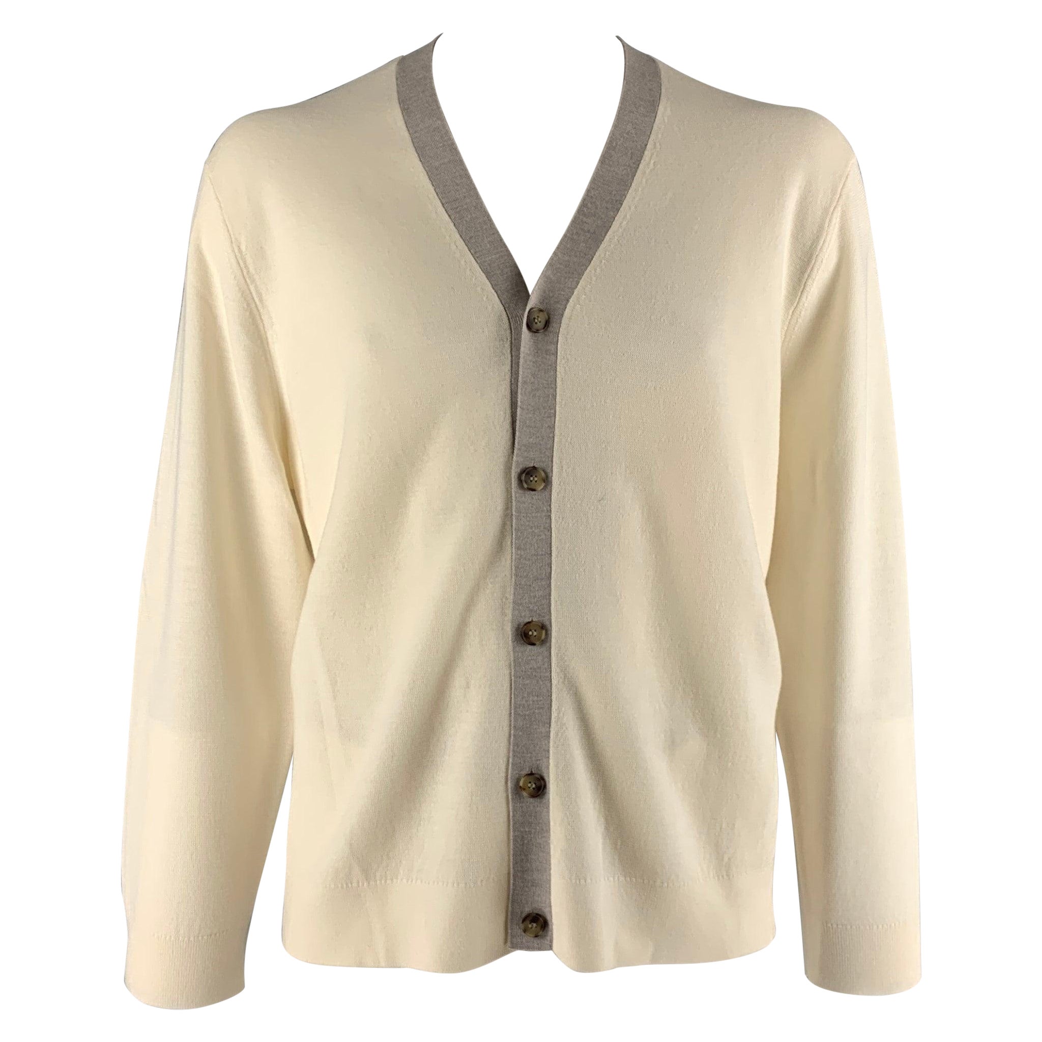 THEORY Size XXL Cream Taupe Merino Wool Blend V-Neck Cardigan For Sale