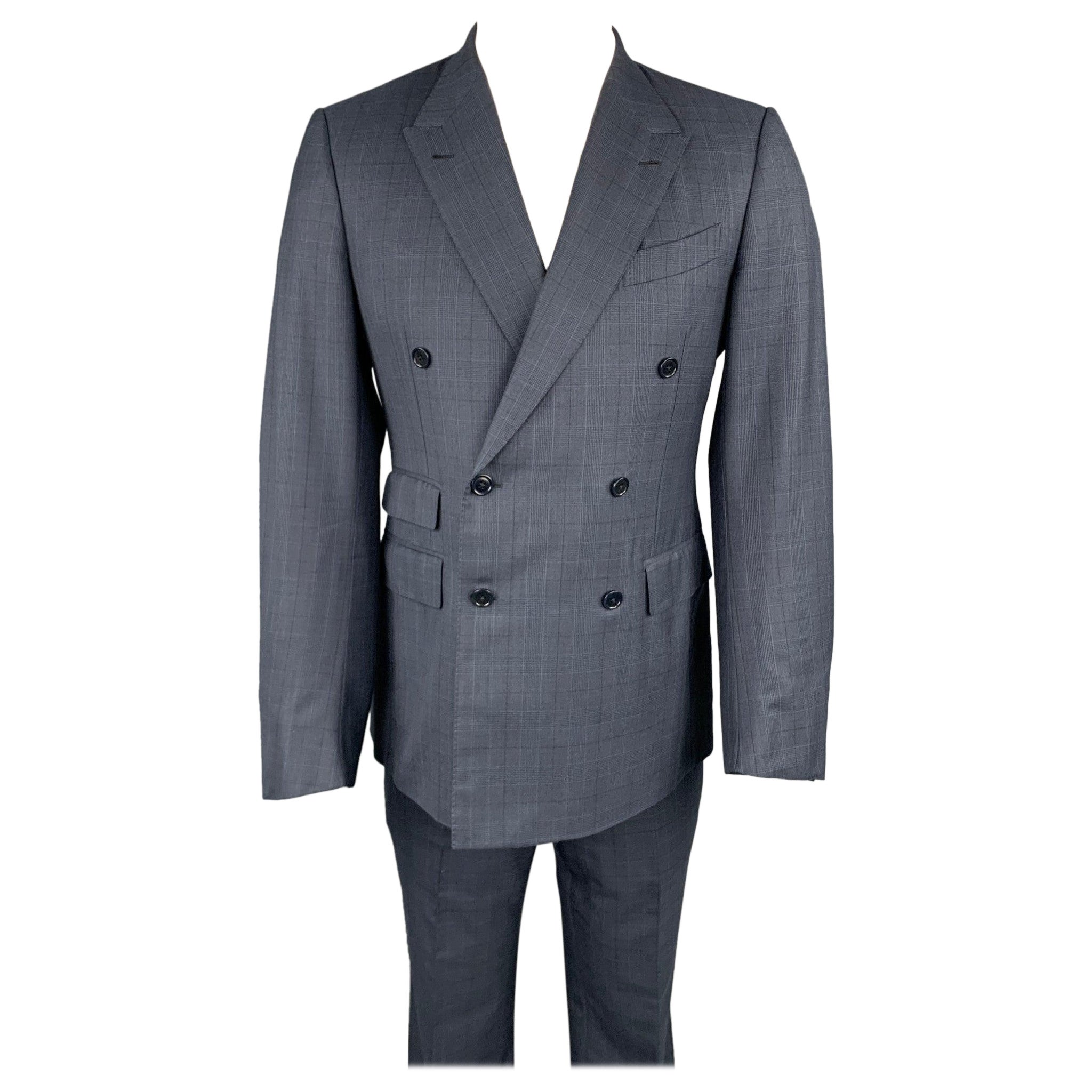 ERMENEGILDO ZEGNA Size 40 Navy Glenplaid Wool / Silk Double Breasted Suit For Sale