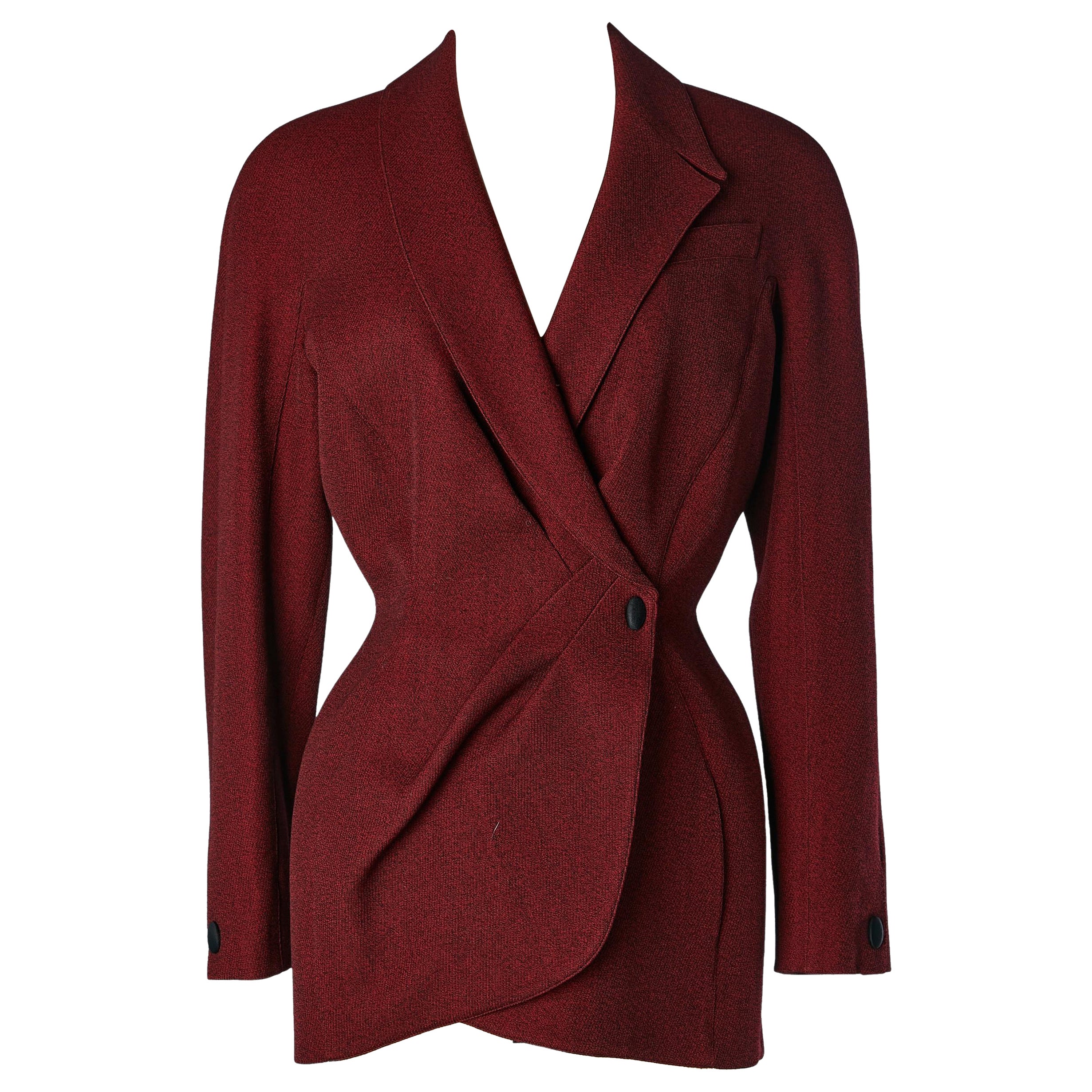 Veste en laine chinée rouge et noire à double boutonnage et manches raglan Thierry Mugler  en vente