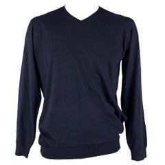 KITON Größe L Marineblauer Kaschmir-Seiden-Pullover mit V-Ausschnitt
