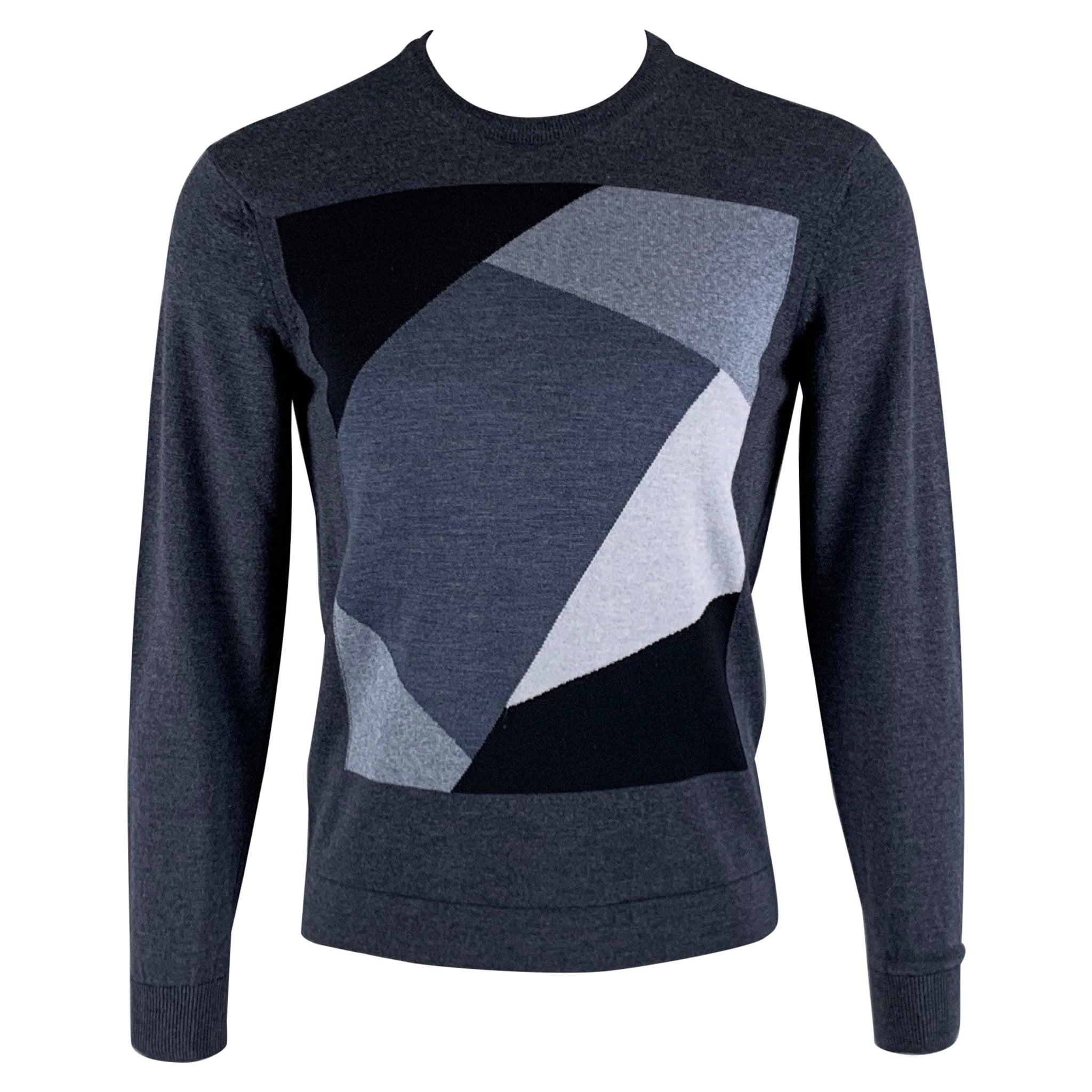 EMPORIO ARMANI Size S Charcoal Grey Color Block Wool Blend Crew-Neck Pullover For Sale