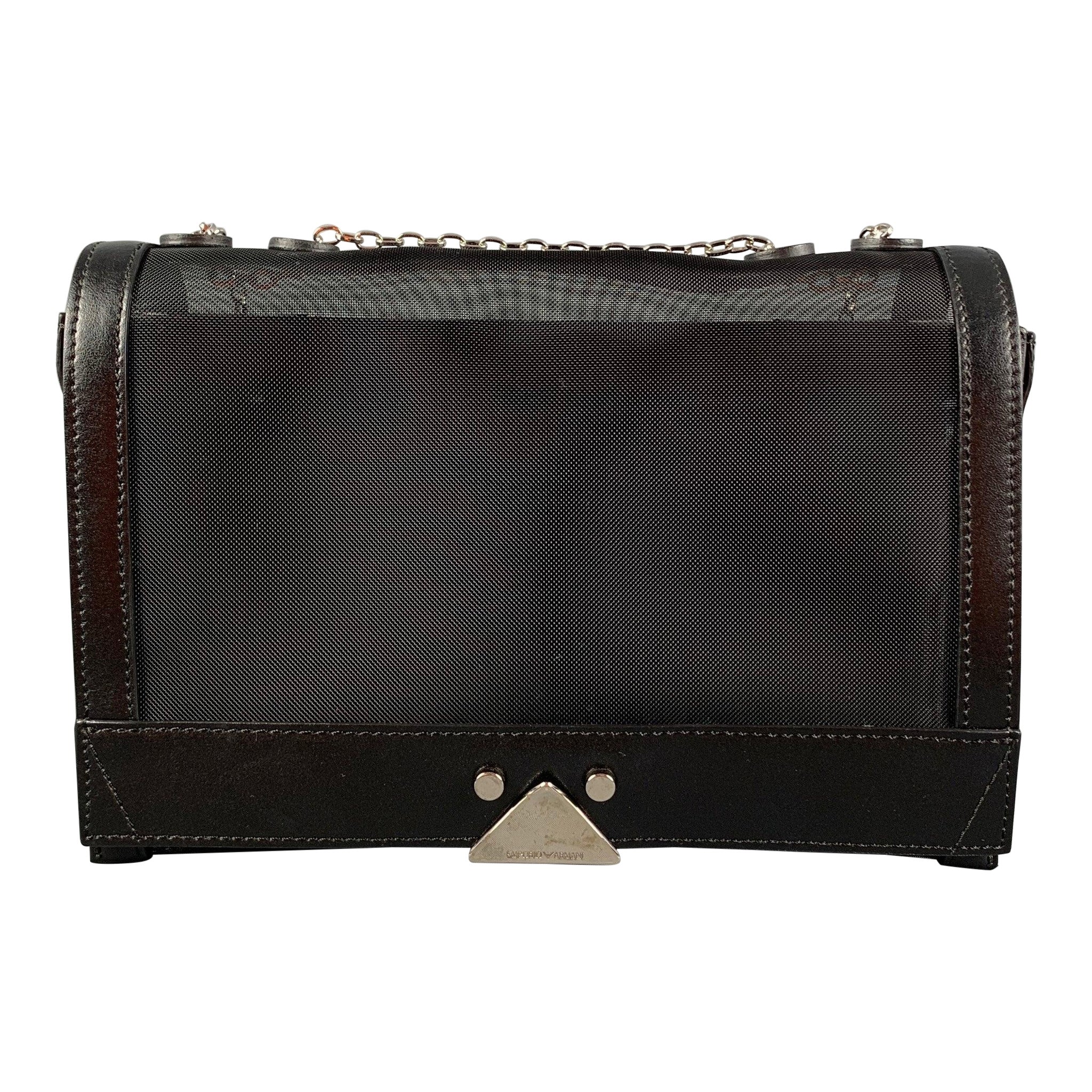 EMPORIO ARMANI Black Silver Mesh Leather Nylon Handbag For Sale