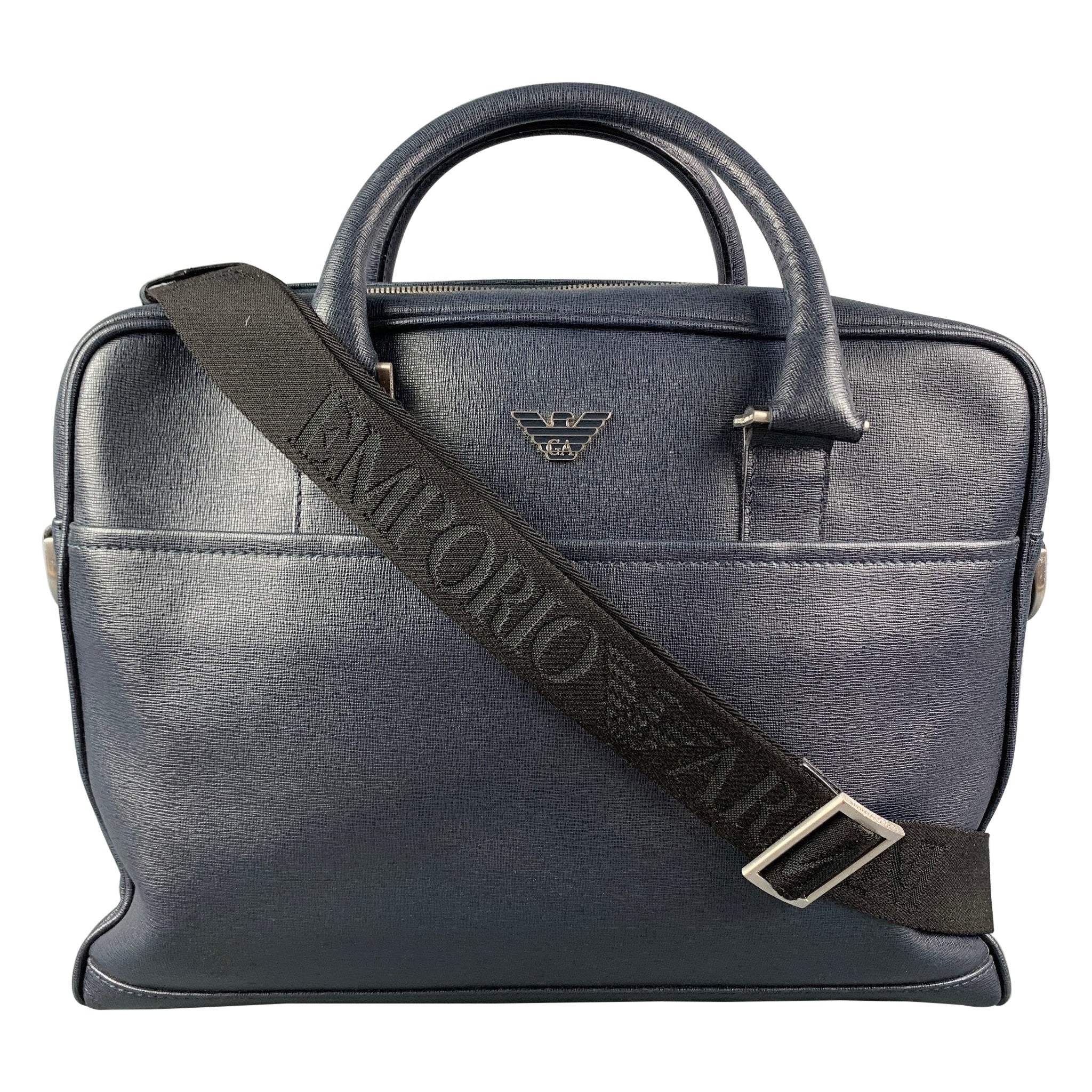 EMPORIO ARMANI Navy Textured Saffiano Leather Briefcase Bag For Sale