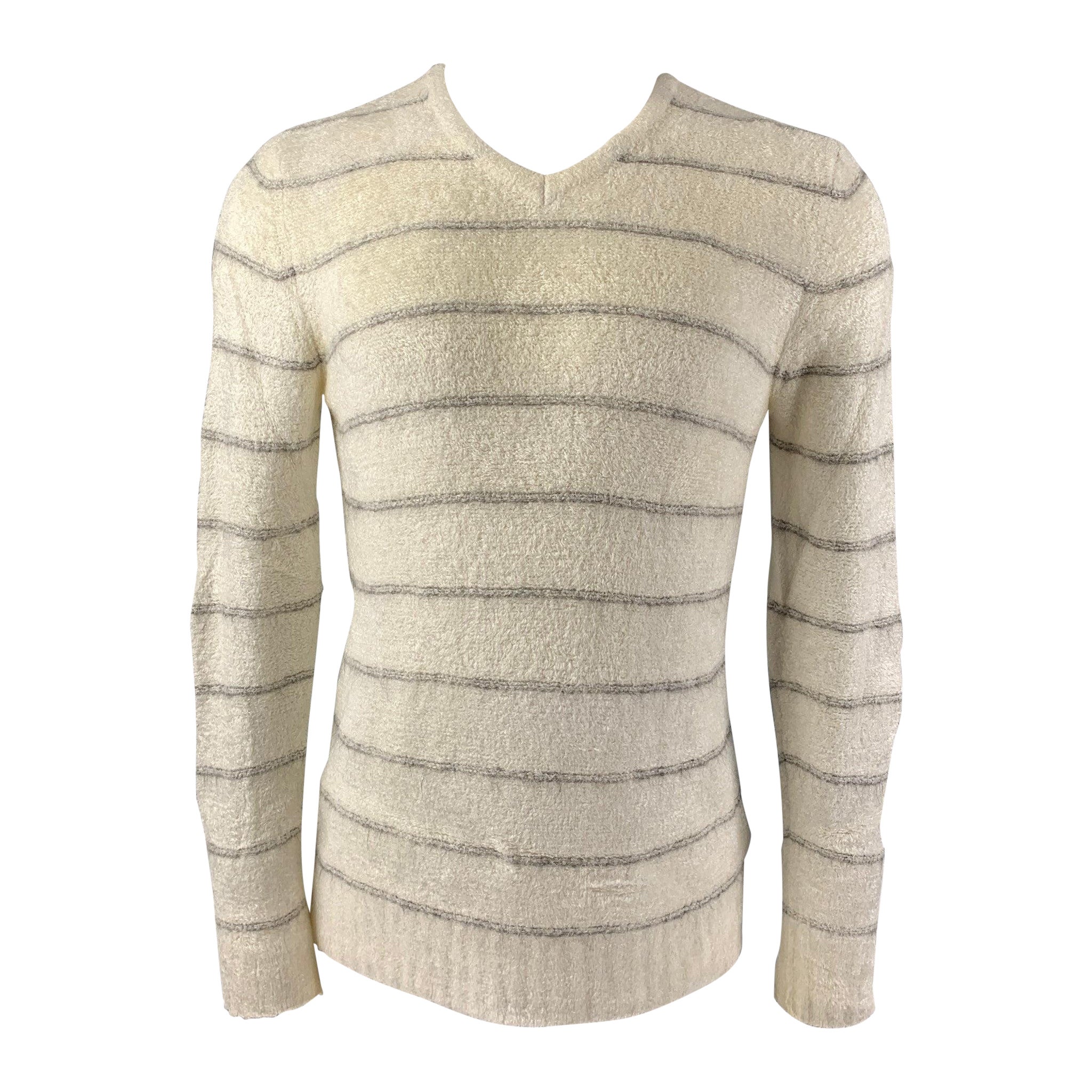 EMPORIO ARMANI Size XS Off White Grey Stripe Viscose Blend V-Neck Sweater For Sale