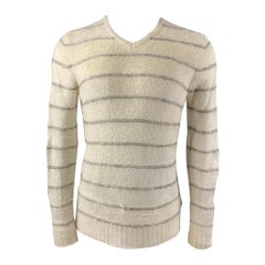 EMPORIO ARMANI Size XS Off White Grey Stripe Viscose Blend V-Neck Sweater