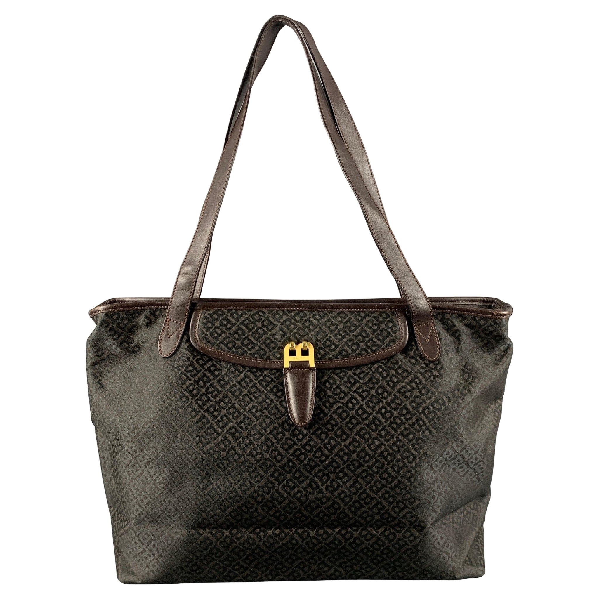BALLY Brown Monogram Nylon Leather Tote Handbag For Sale