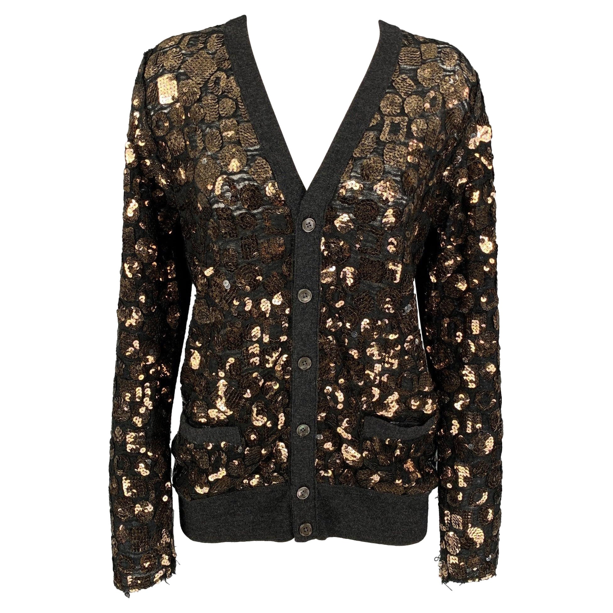 MARC JACOBS Size S Charcoal Gold Merino Wool Sequined Buttoned Cardigan For Sale