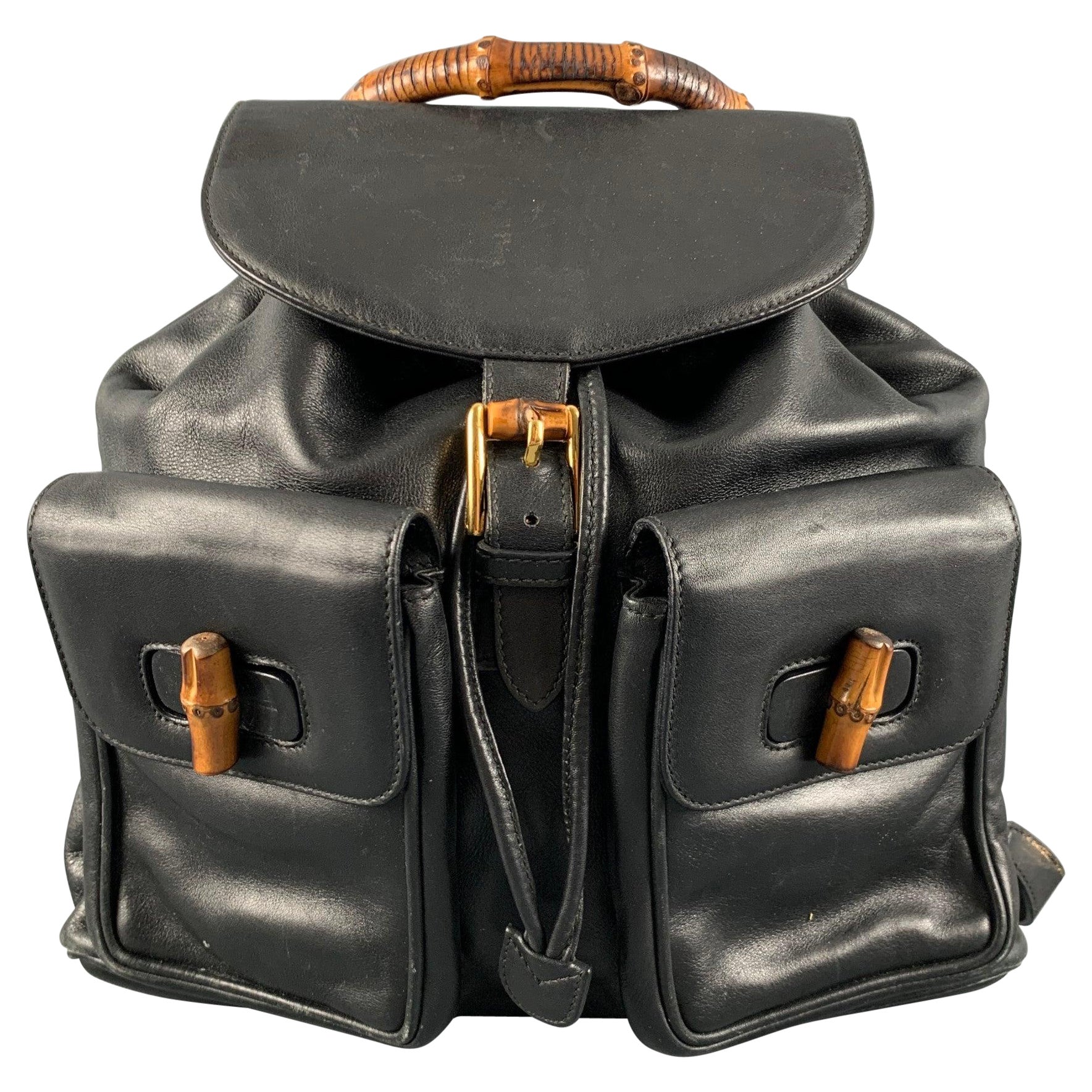 GUCCI Black Leather Bamboo Backpack Handbag