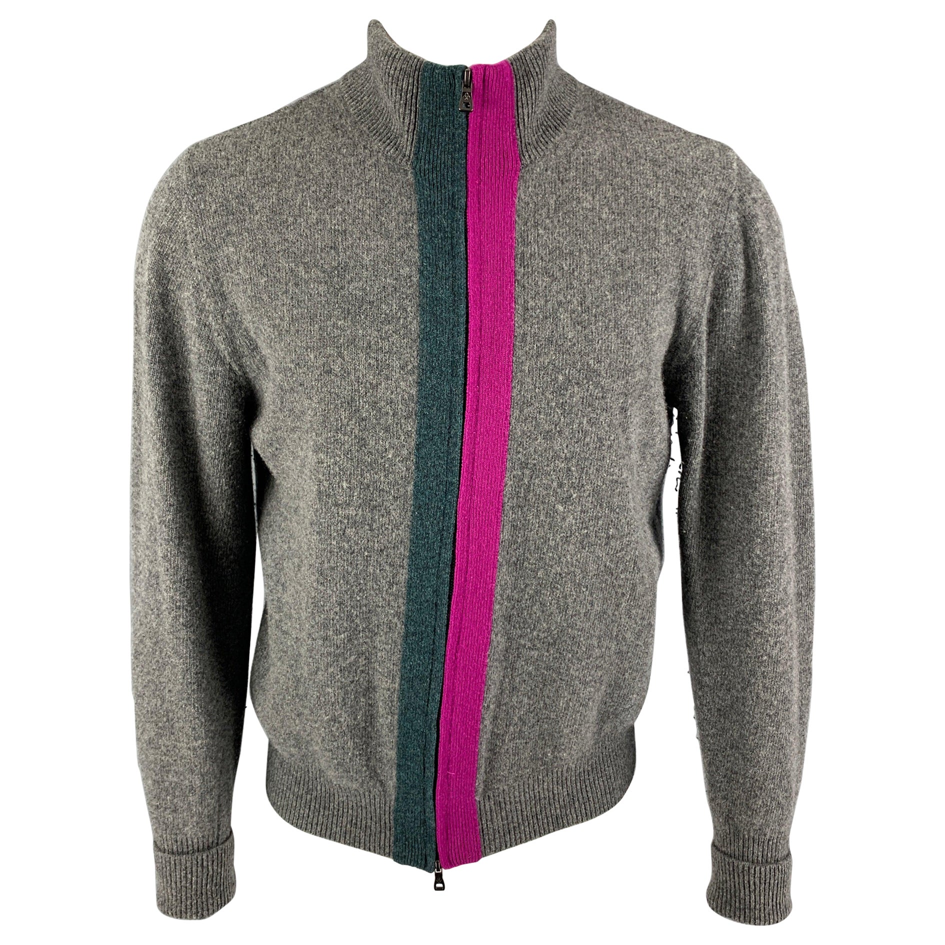 BALLANTYNE Size M Grey Fuchsia Vertical Stripe Wool Zip Up Cardigan For Sale