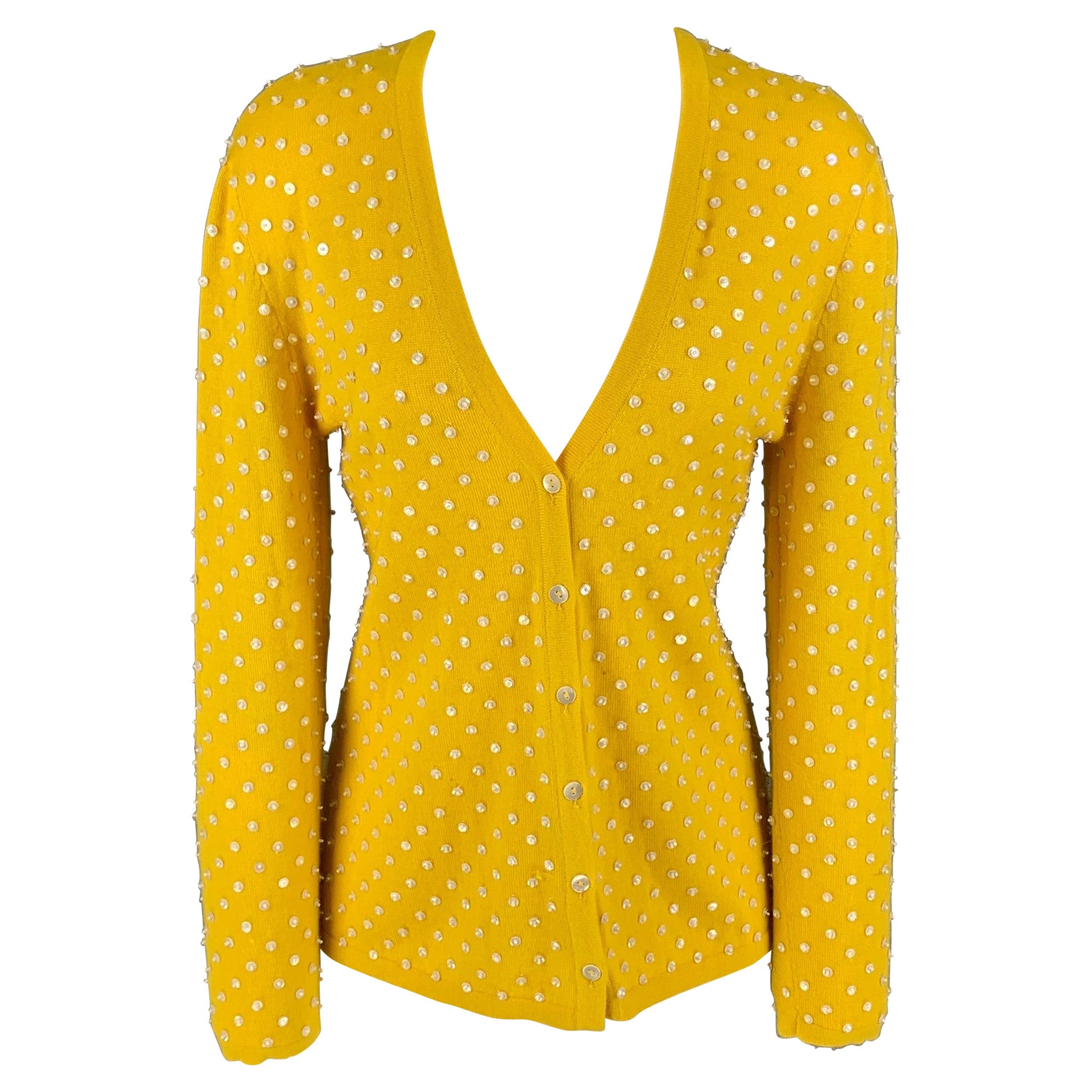 OSCAR DE LA RENTA Size M Yellow Cashmere Beaded Open Front Cardigan For Sale