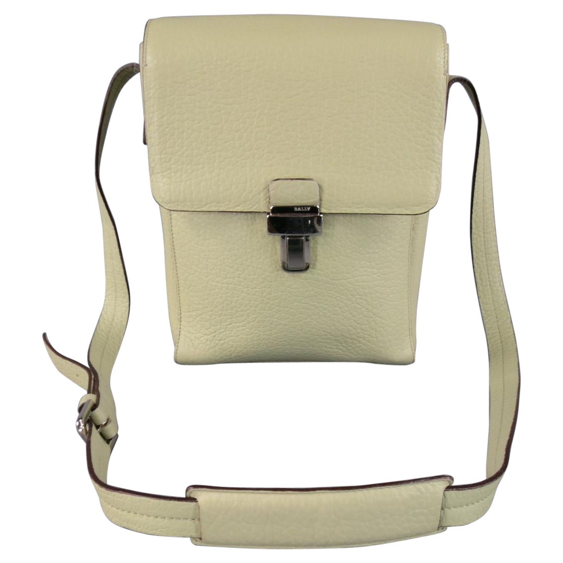 BALLY Mint Green Beige Textured Leather Cross Silver Buckle Body Bags For Sale