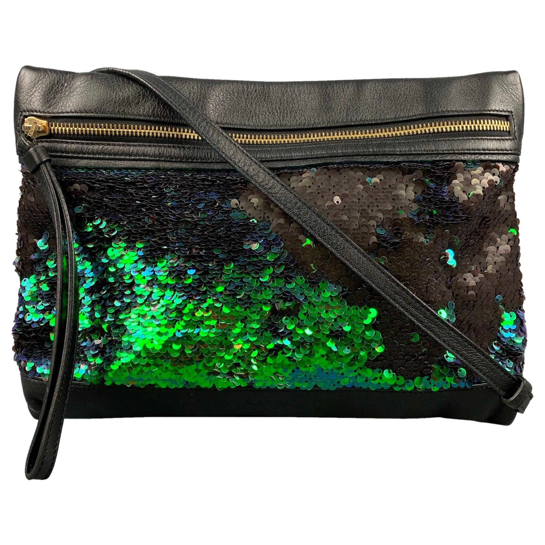 PAUL SMITH Black Green Sequined Leather Cross Body Handbag For Sale