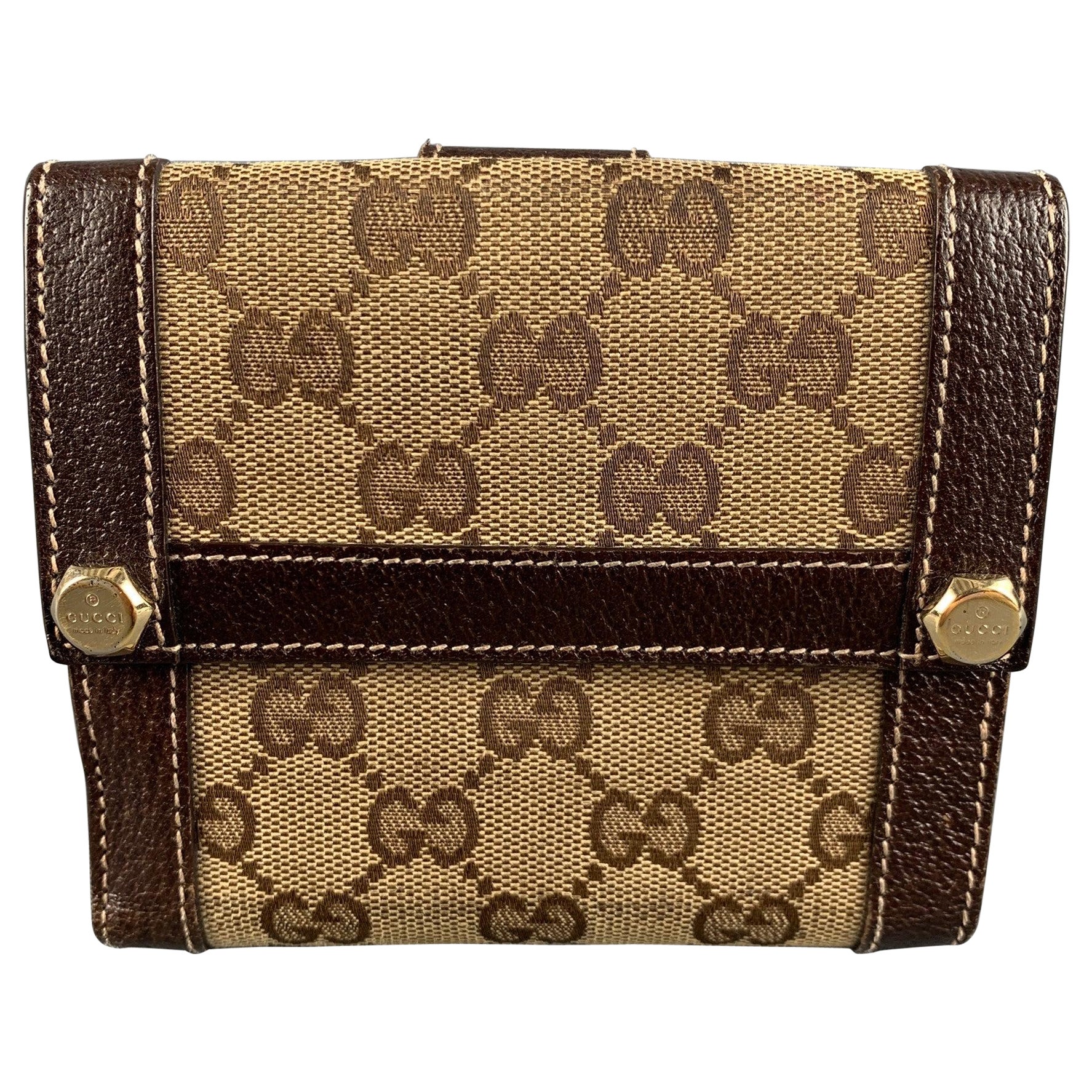 GUCCI Walet Brown Beige Monogram Canvas Leather For Sale