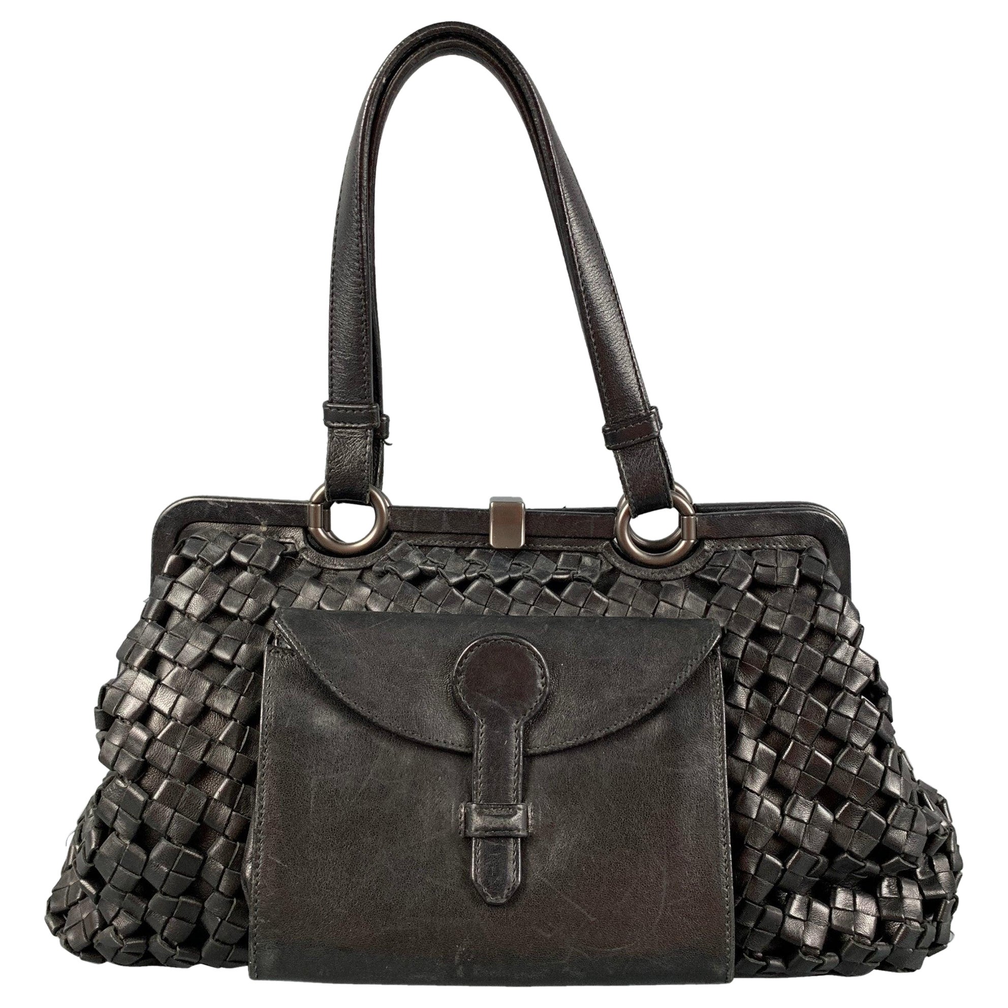 BOTTEGA VENETA Limited Edition Black Woven Leather Satchel Handbag For Sale