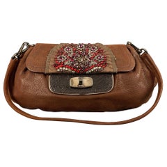 PRADA Brown Red Leather Rhinestones Handbag