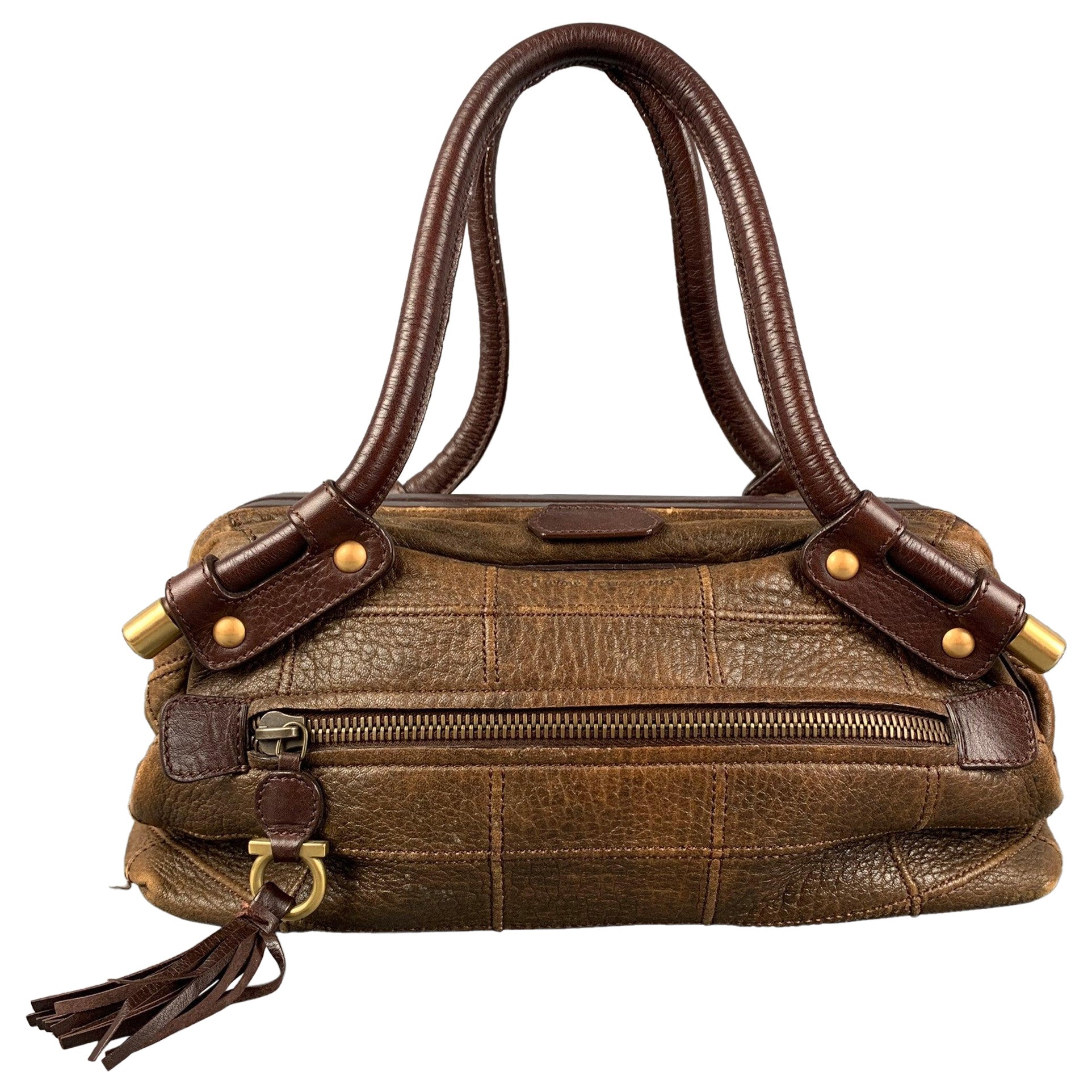 SALVATORE FERRAGAMO Brown Quilted Leather Satchel Handbag For Sale