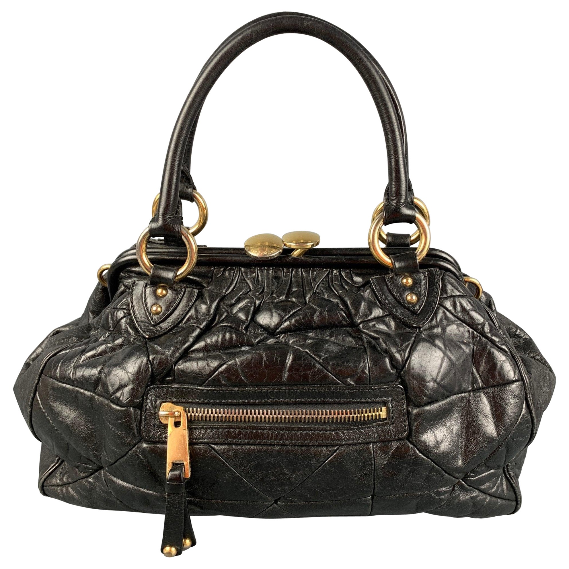 MARC JACOBS Black Quilted Leather Satchel Stam Handbag For Sale