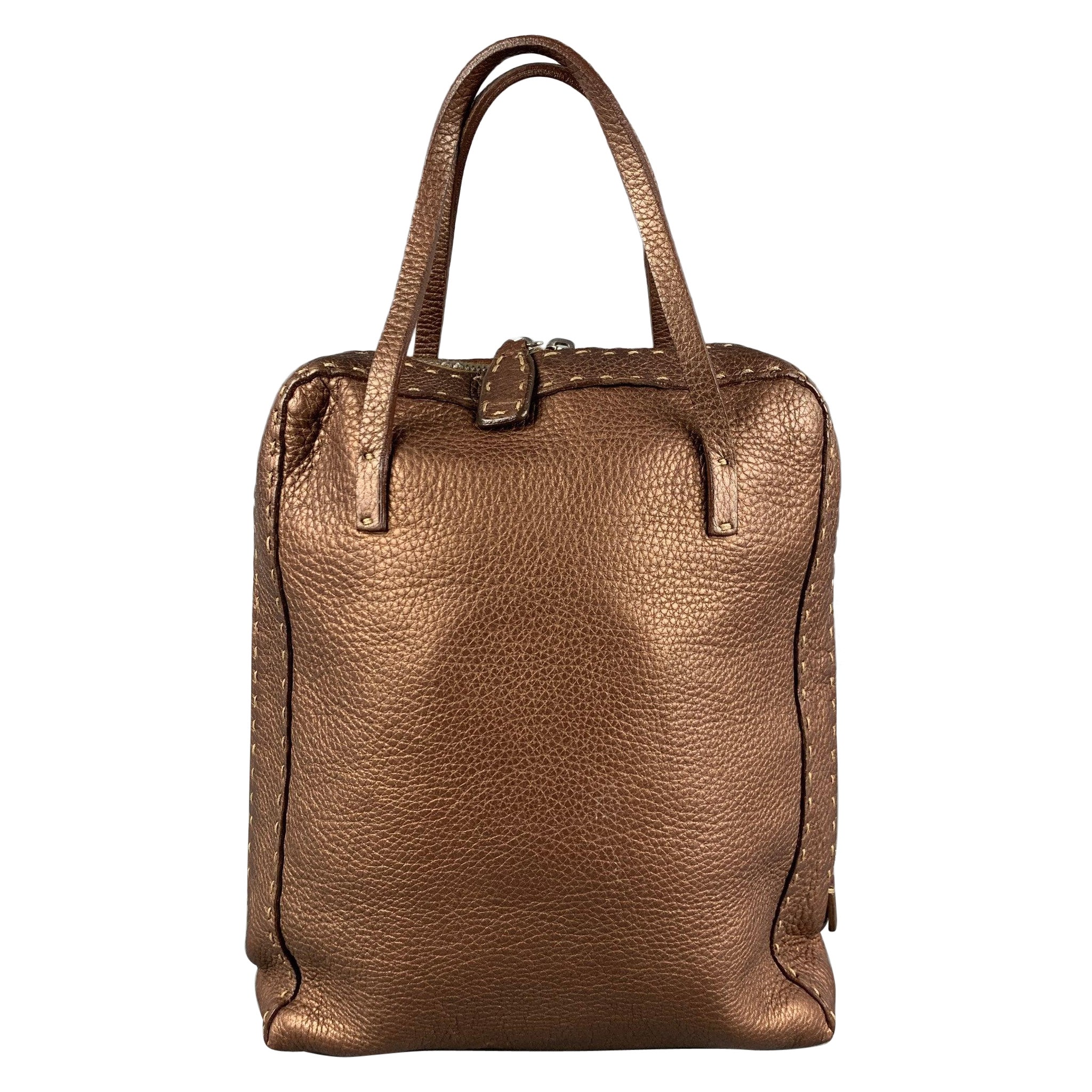 FENDI SELLERIA N49-11859 Copper Contrast Stitch Pebble Grain Leather Handbag For Sale