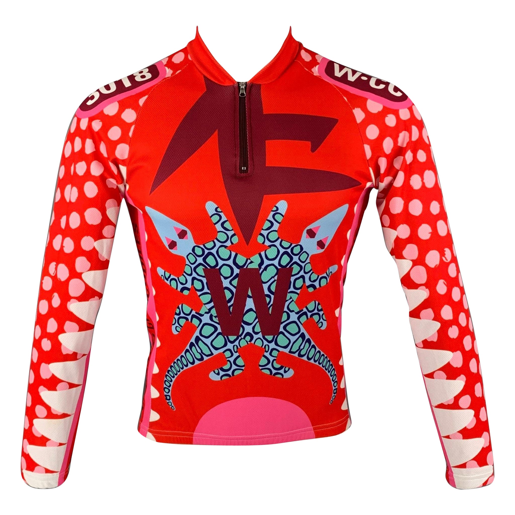 WALTER VAN BEIRENDONCK FW14 Size S Red Pink Graphic Nylon Jersey Bike Top For Sale