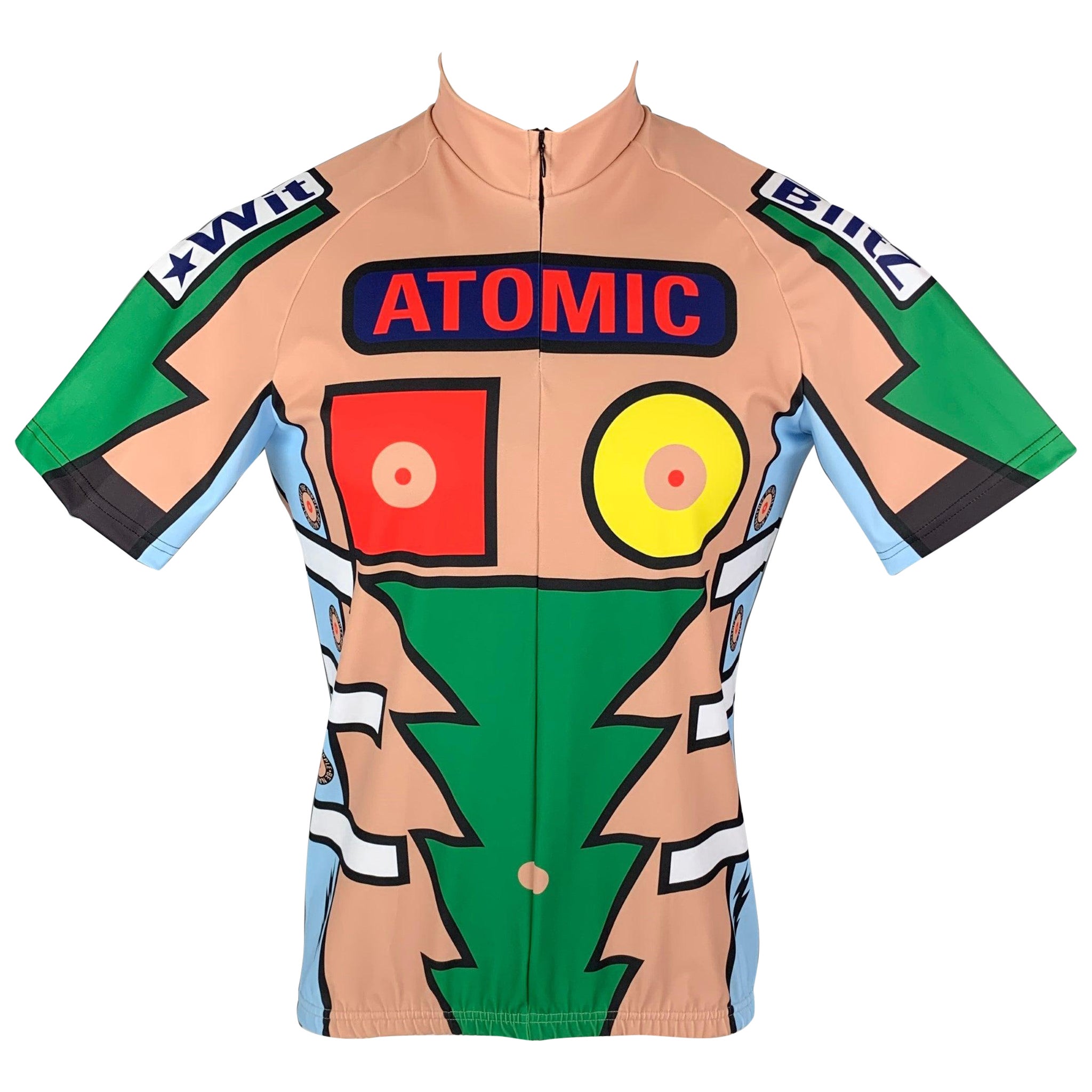 WALTER VAN BEIRENDONCK SS20 Size M Nude Green Graphic Nylon Jersey Bike Top For Sale