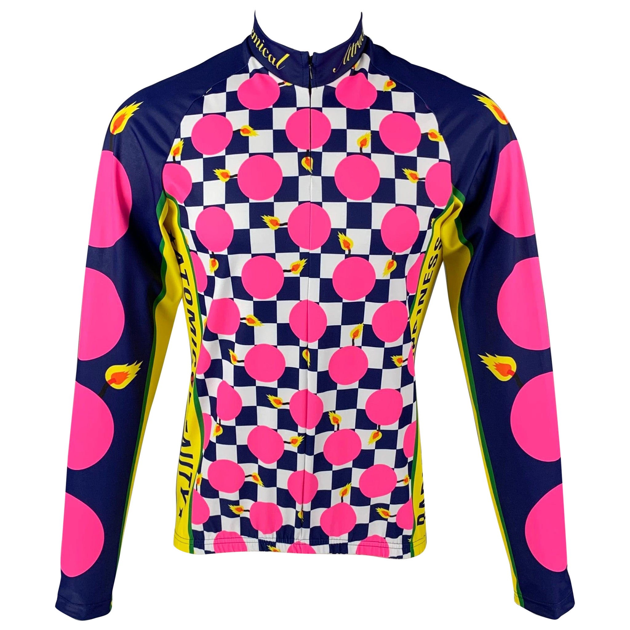 WALTER VAN BEIRENDONCK SS20 Size L Blue Pink Graphic Nylon Jersey Bike Top For Sale