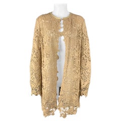 RALPH LAUREN Label Size 12 Beige Lace Textured Cotton Leather Trim Cardigan