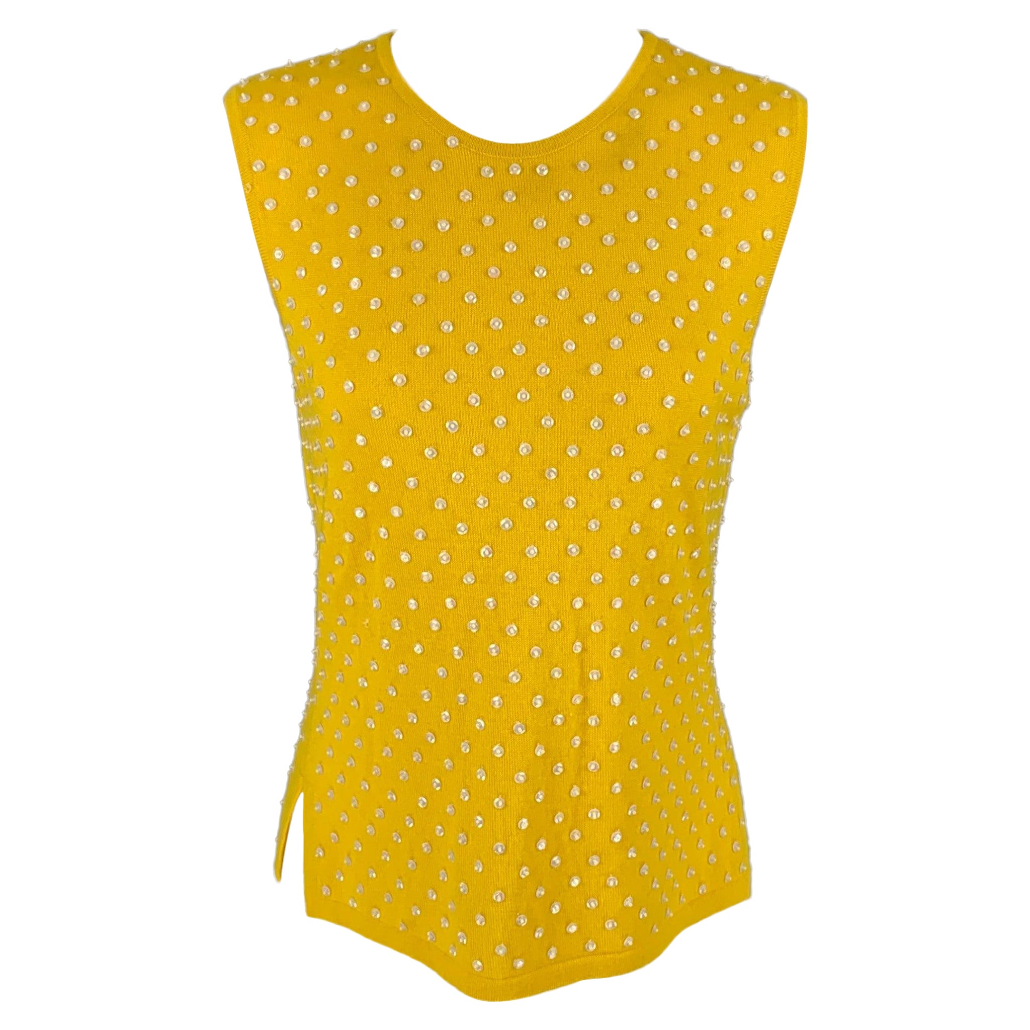 OSCAR DE LA RENTA Size M Yellow Cashmere Beaded Sleeveless Pullover For Sale
