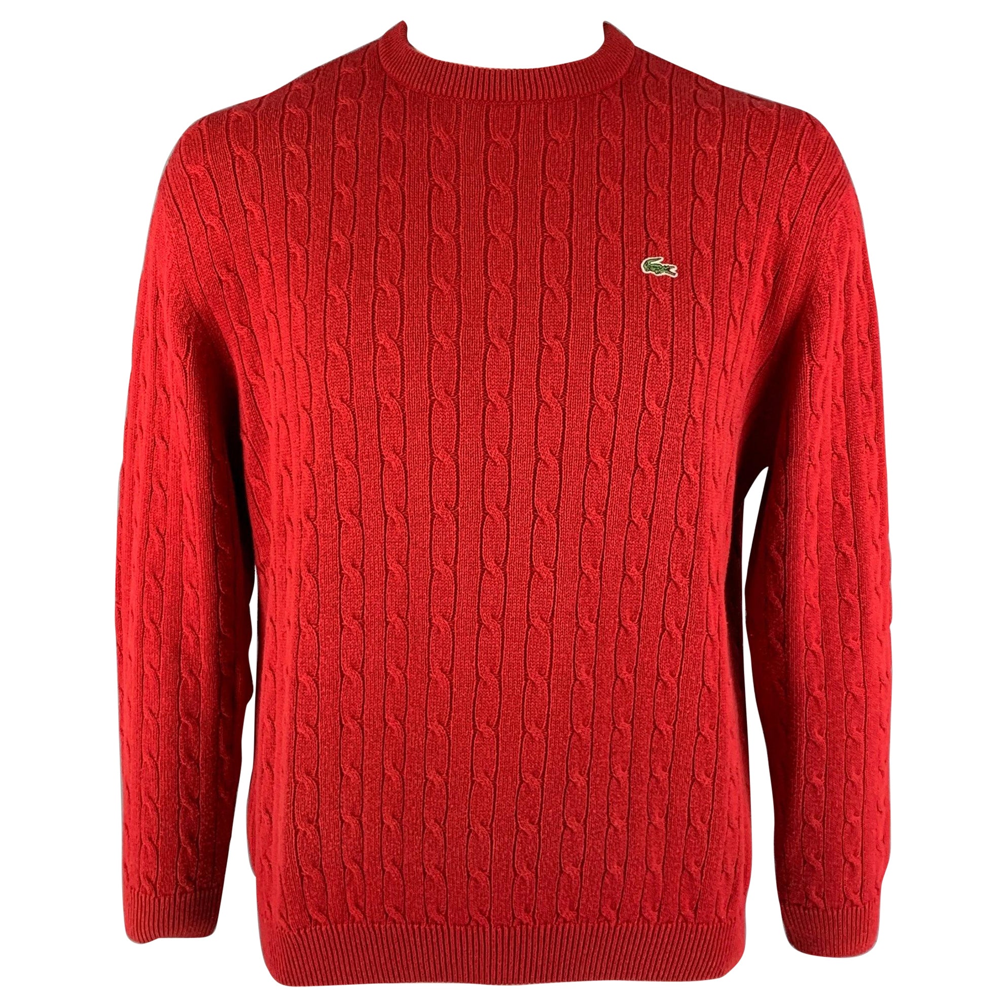 LACOSTE Size XL Red Cable Knit Cotton Wool Crew-Neck Sweater For Sale
