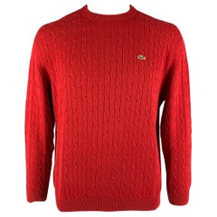 LACOSTE Size XL Red Cable Knit Cotton Wool Crew-Neck Sweater