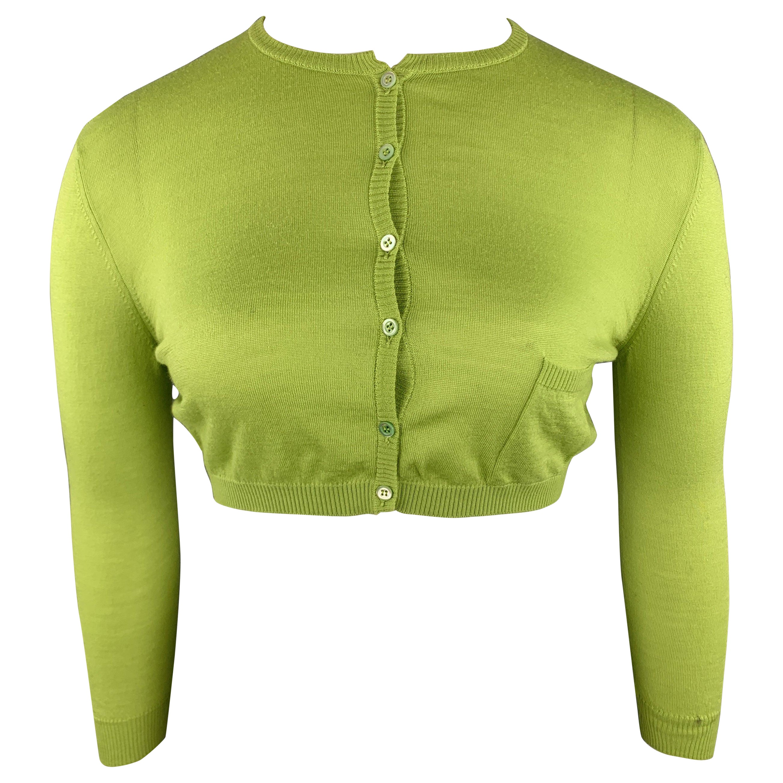 VALENTINO Size L Lime Green Wool Blend Cropped Cardigan For Sale