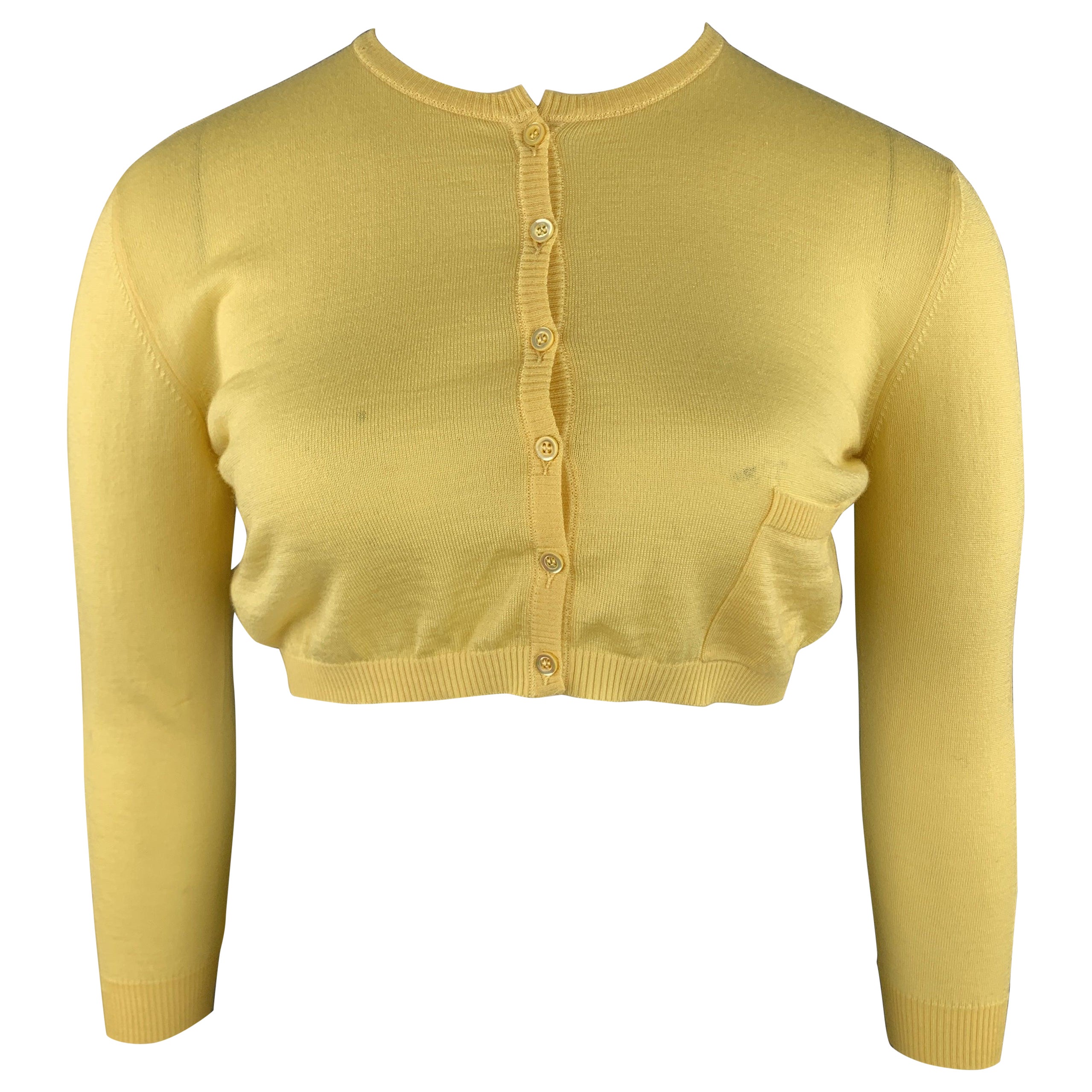 VALENTINO Size L Pastel Yellow Wool Blend Cropped Cardigan For Sale