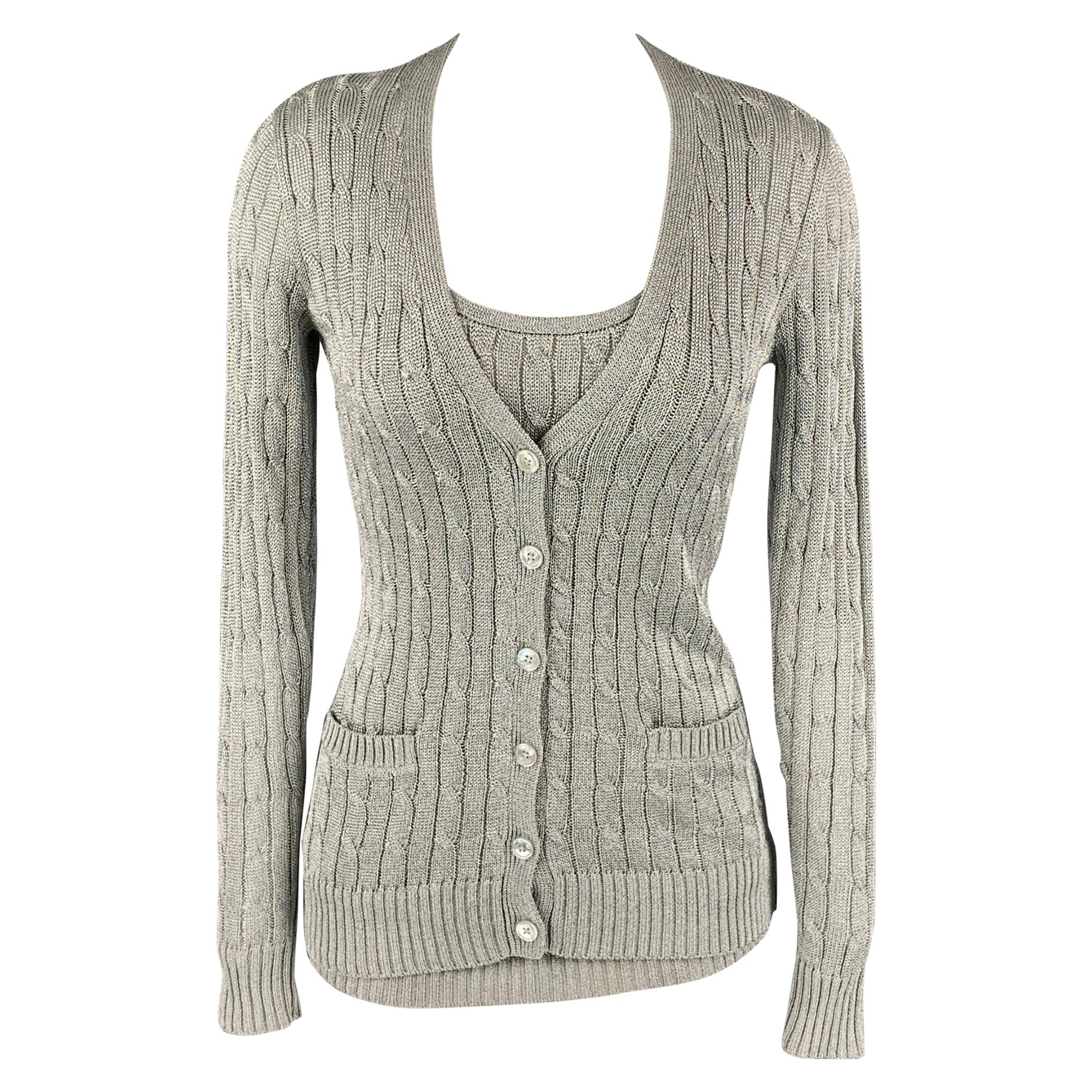 RALPH LAUREN Black Label Size S Silver Cable Knit Cardigan Set