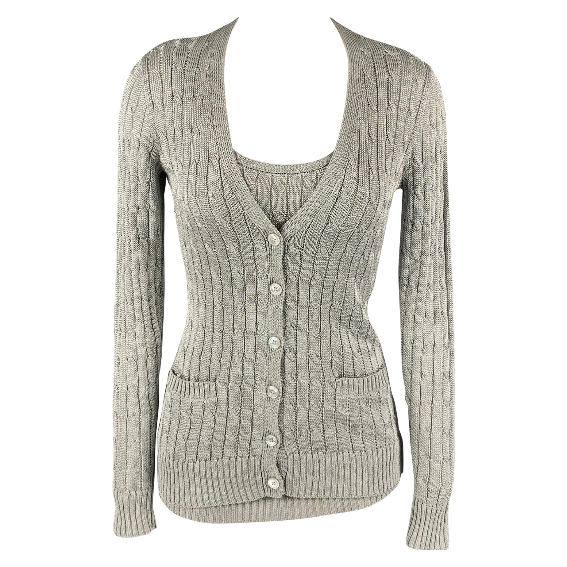 RALPH LAUREN Black Label Size S Silver Cable Knit Cardigan Set For Sale