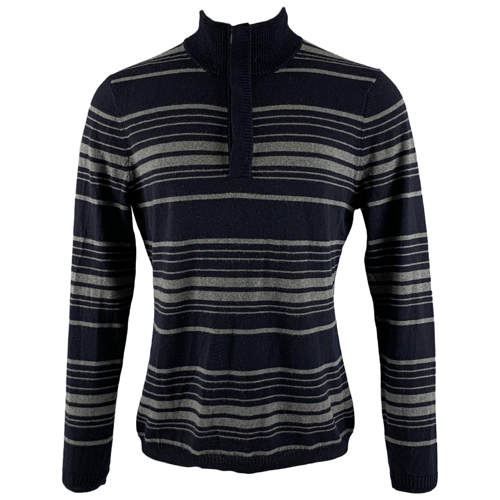 ELIE TAHARI Size M Navy Grey Stripe Merino Wool Long Sleeve Pullover For Sale
