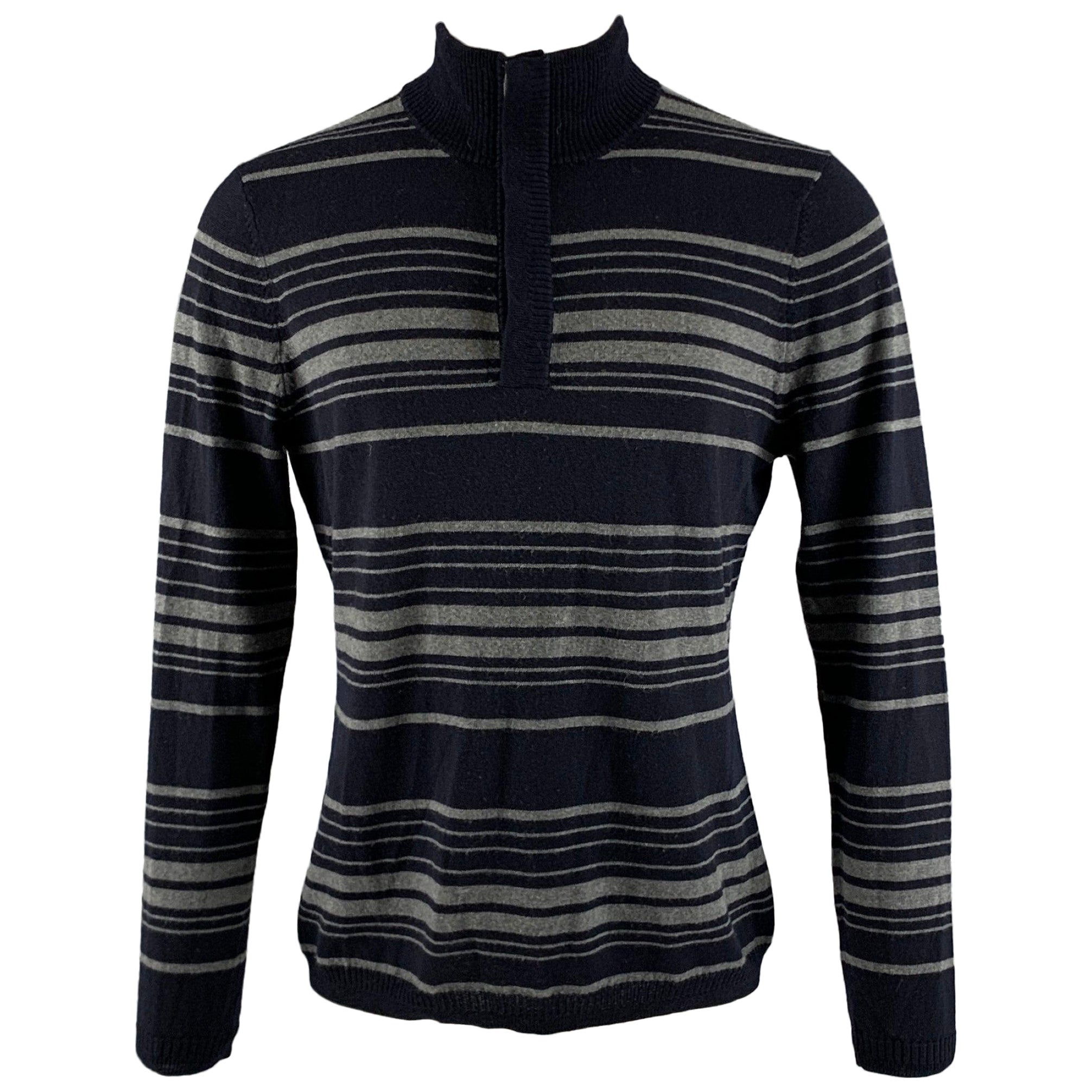 ELIE TAHARI Size M Navy Grey Stripe Merino Wool Long Sleeve Pullover