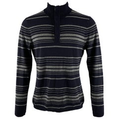 ELIE TAHARI Size M Navy Grey Stripe Merino Wool Long Sleeve Pullover