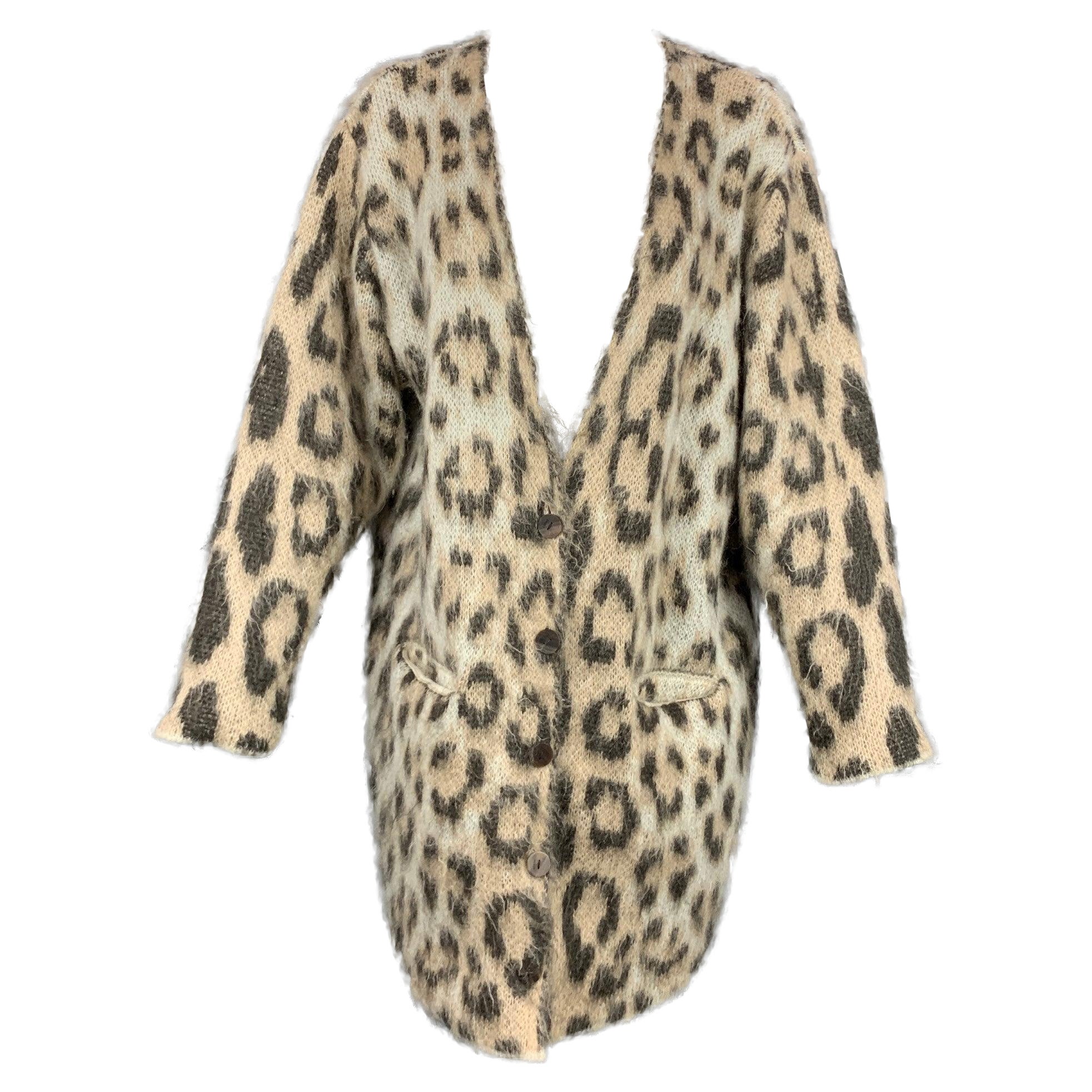 LOEWE Size XS Taupe Mohair Blend Leopard Print Long Cardigan For Sale