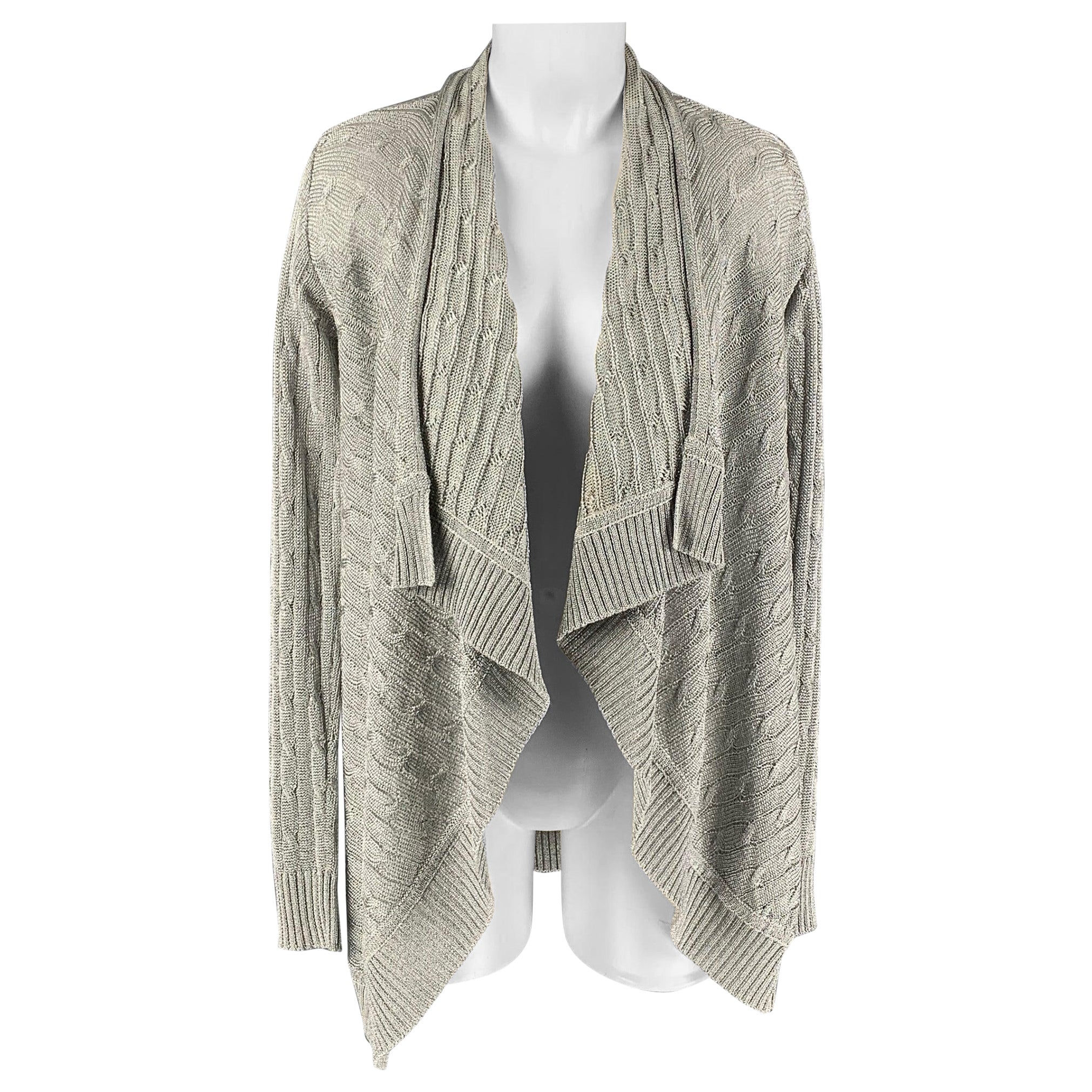 RALPH LAUREN Label Size S Silver Cotton Blend Cable Knit Open Front Cardigan For Sale