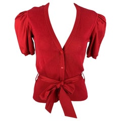 MIU MIU Size 4 Red Cotton Belted Short Sleeve Cardigan