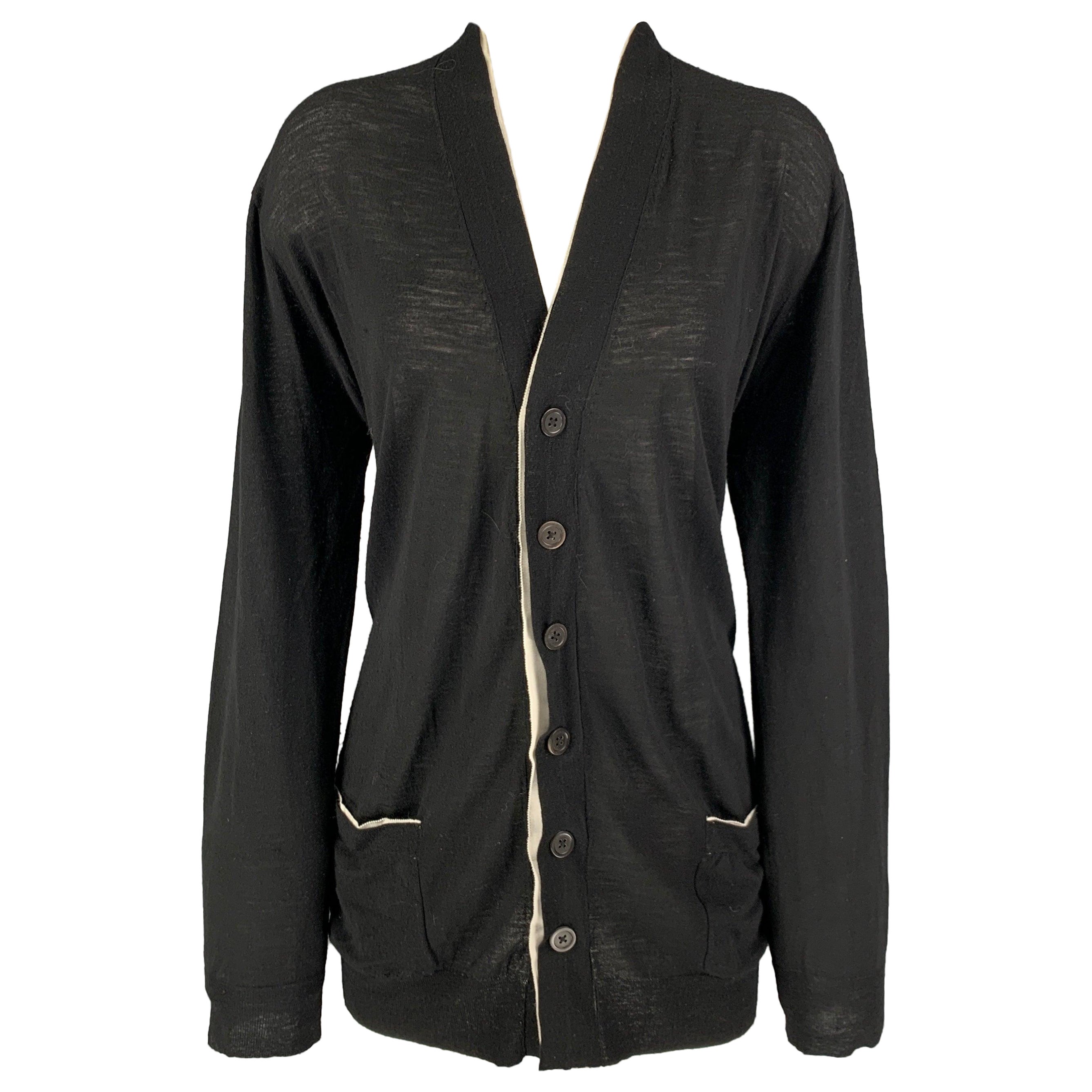 ANN DEMEULEMEESTER Size 8 Black White Wool Contrast Stitch Cardigan For Sale