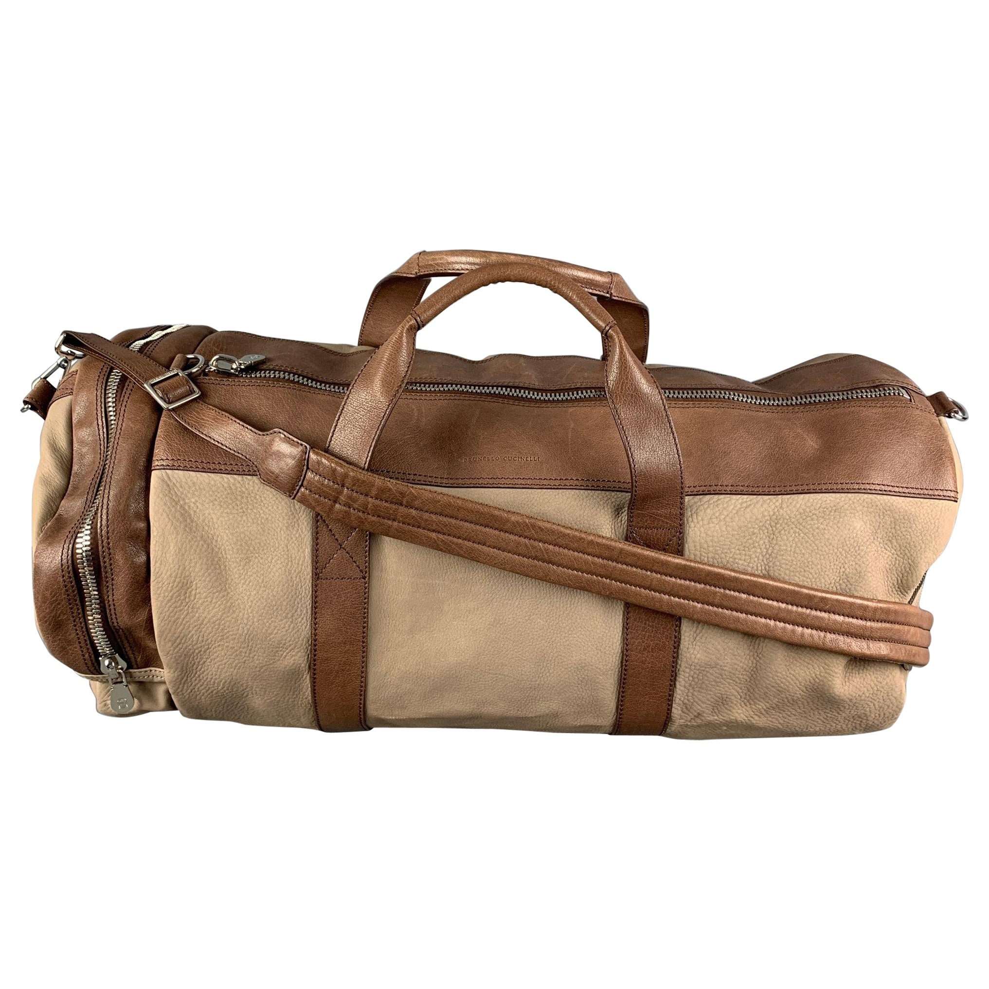 BRUNELLO CUCINELLI Taupe Brown Leather Duffle Bags For Sale