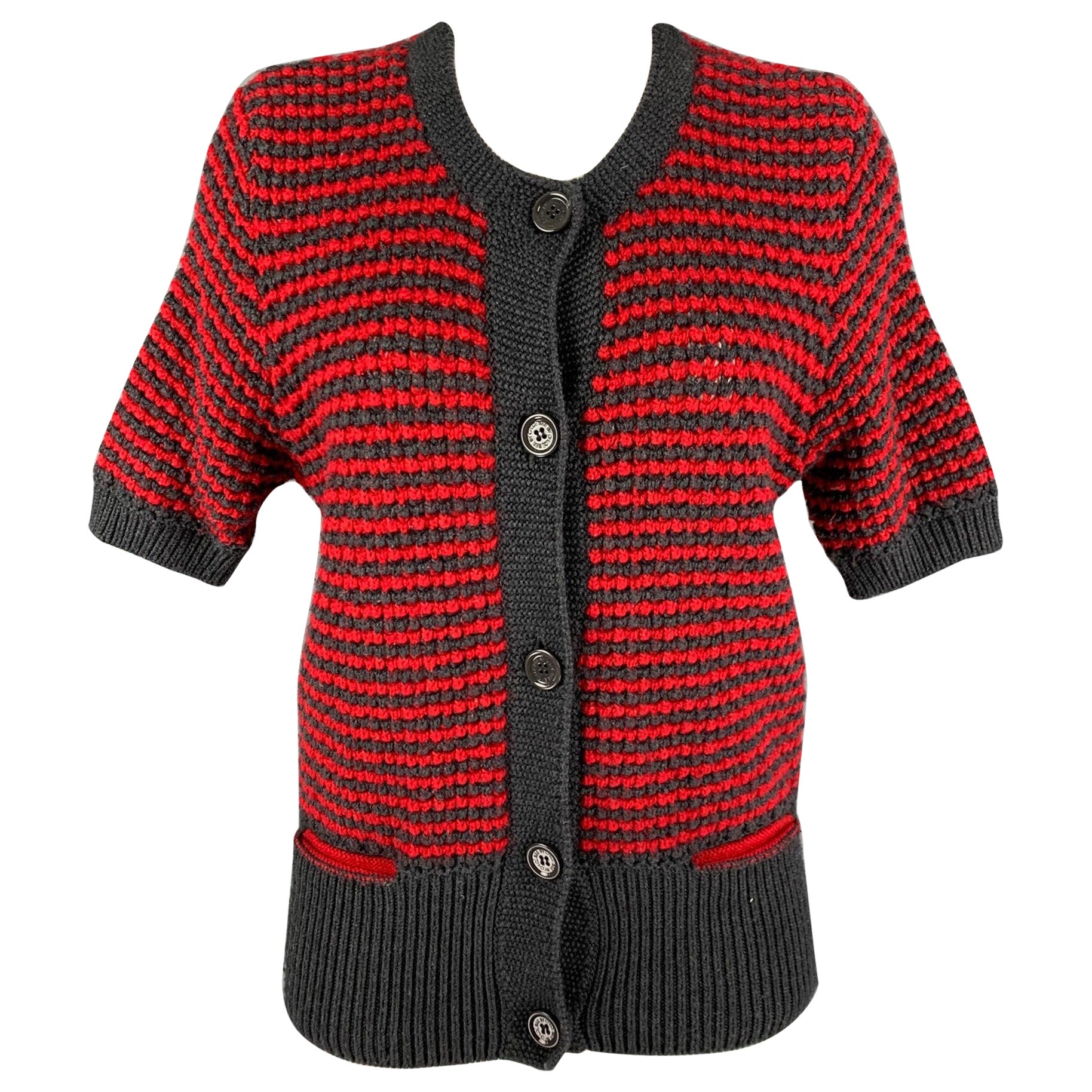 SEE By Chloe Size 8 Grey Red Wool Acrylic Stripe Cardigan For Sale
