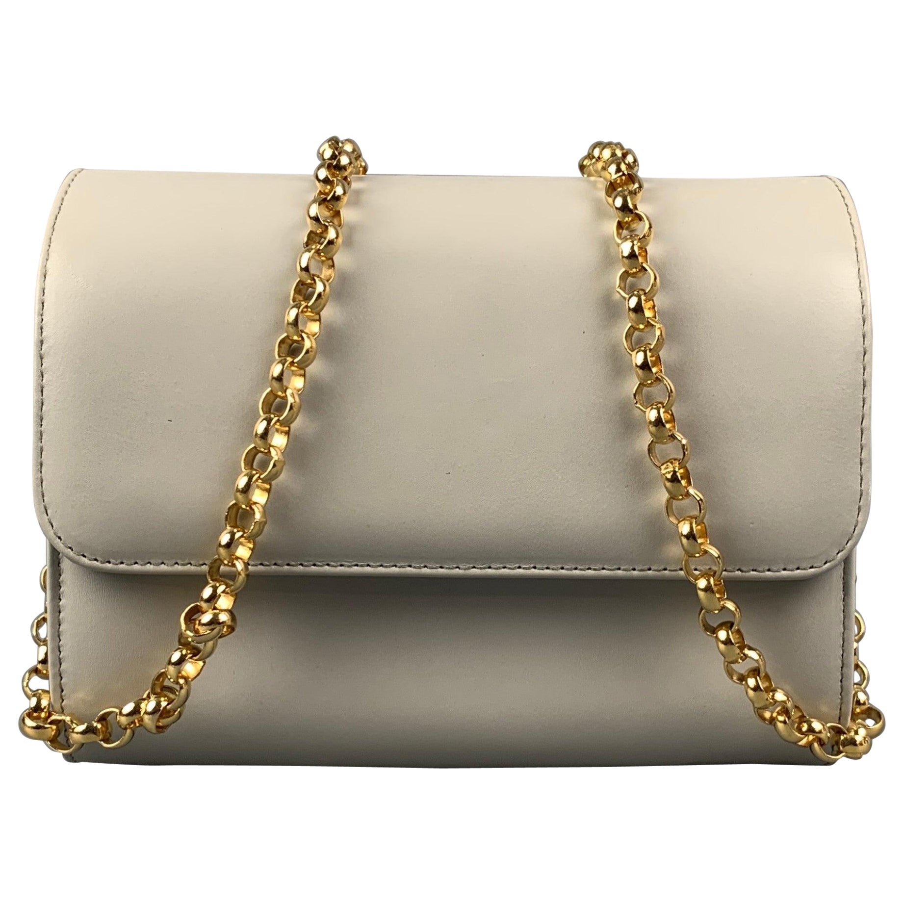 Vintage SALVATORE FERRAGAMO Light Gray Leather Gold Strap Handbag For Sale