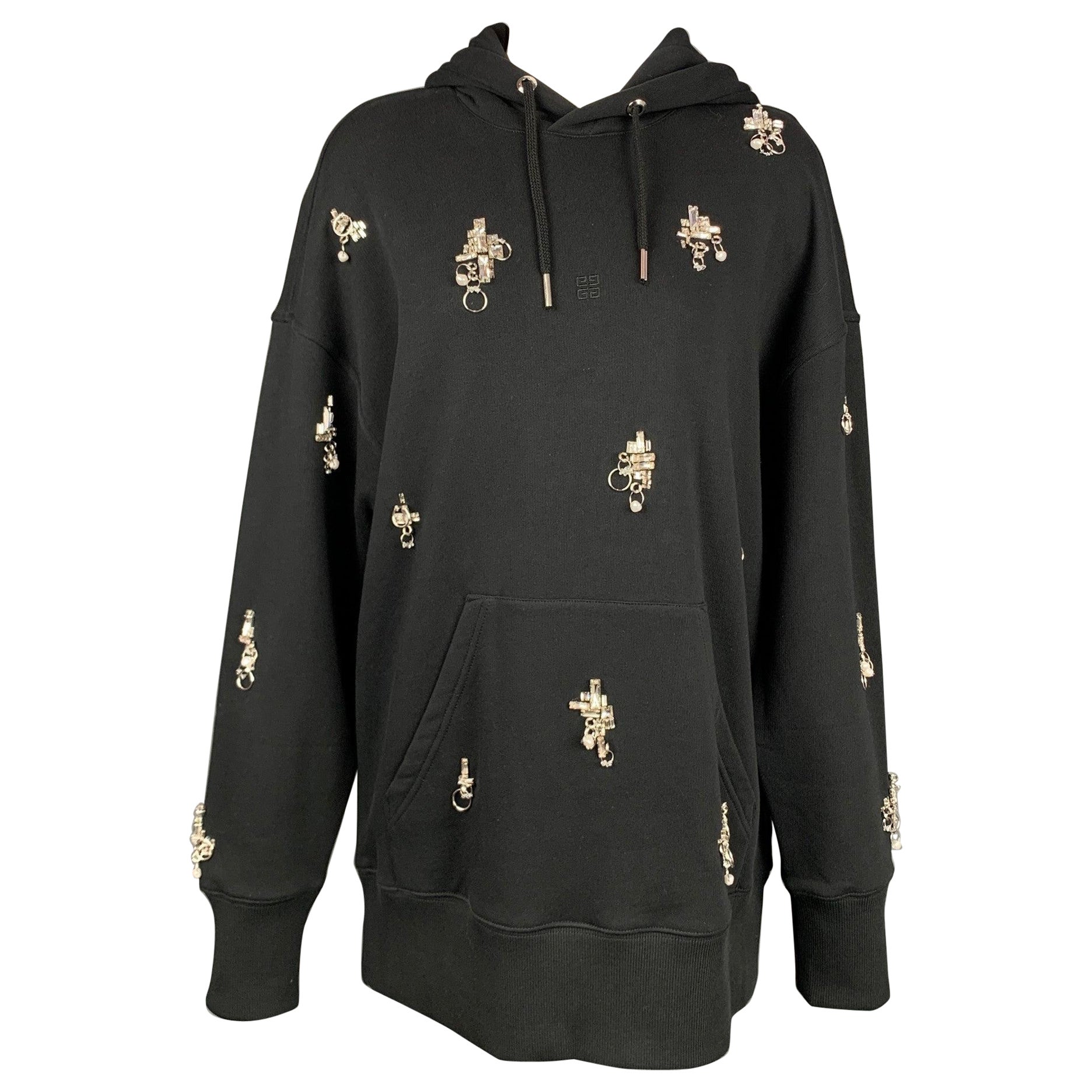 GIVENCHY SS 2021 Size XS Crystal Embellishment Cotton Oversized Hooded Pullover For Sale