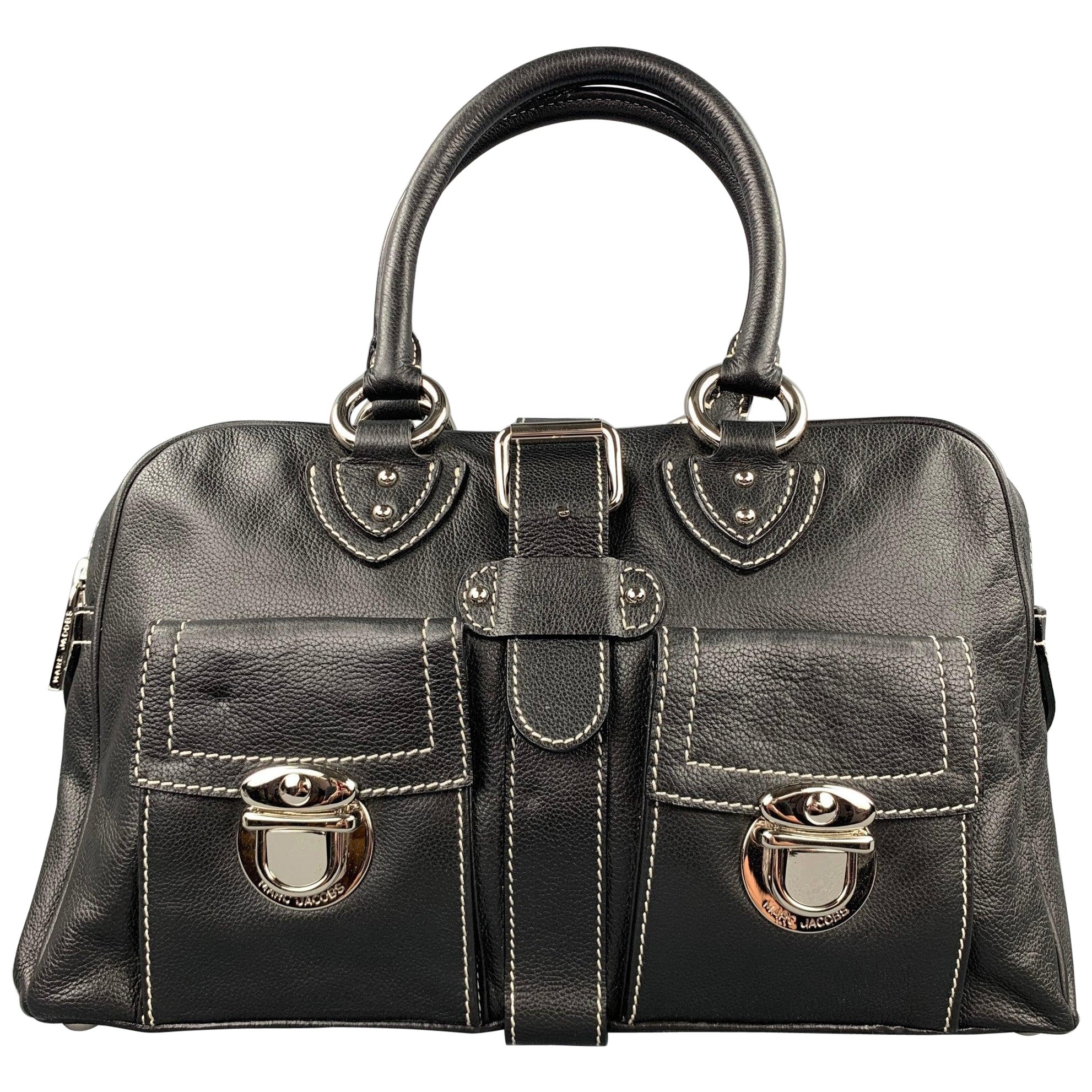 MARC JACOBS Black Contrast Stitching Leather Top Handles Handbag For Sale