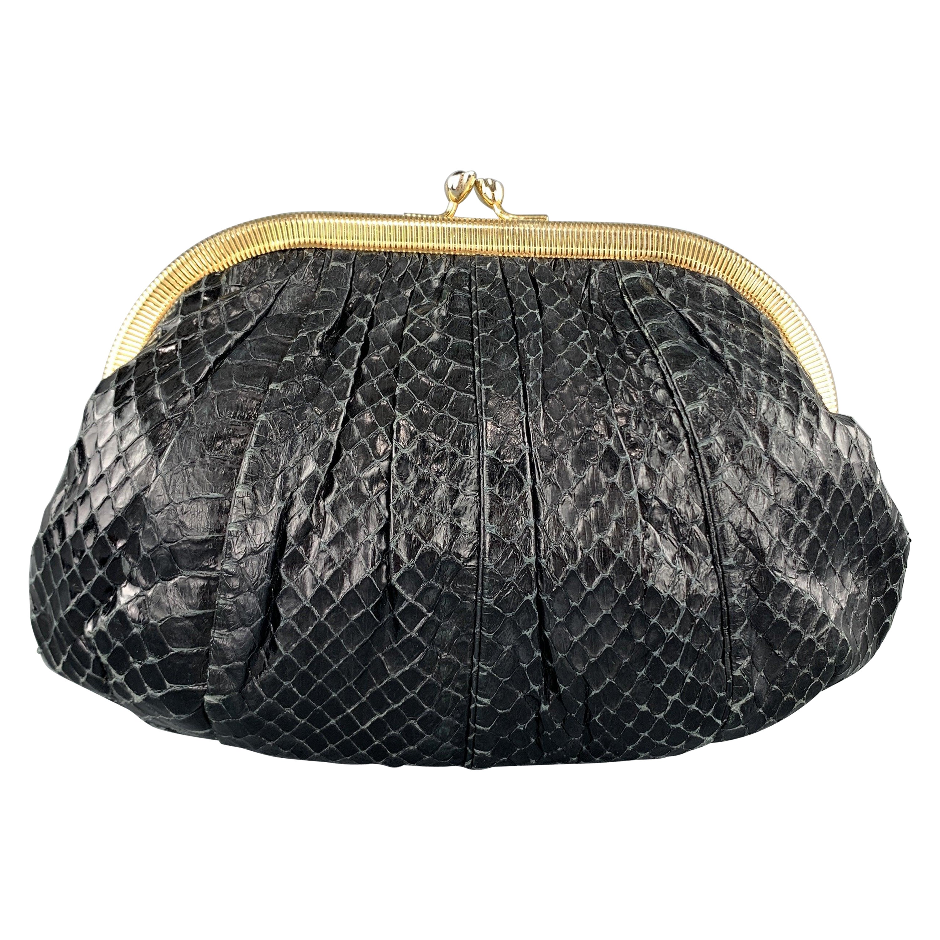 JUDITH LEIBER Ruched Black Snake Skin Evening Clutch Handbag For Sale