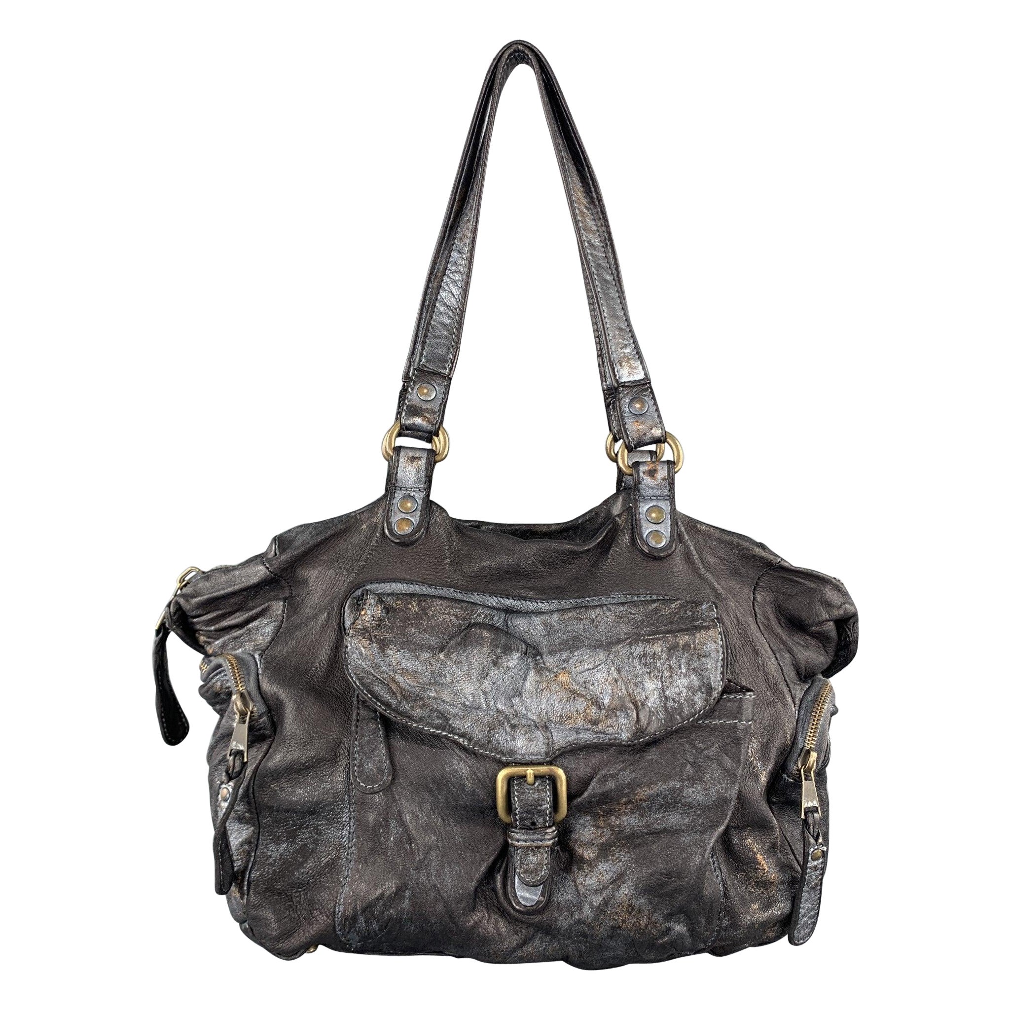 GIORGIO BRATO Distressed Gunmetal Metallic Leather Satchel Handbag For Sale