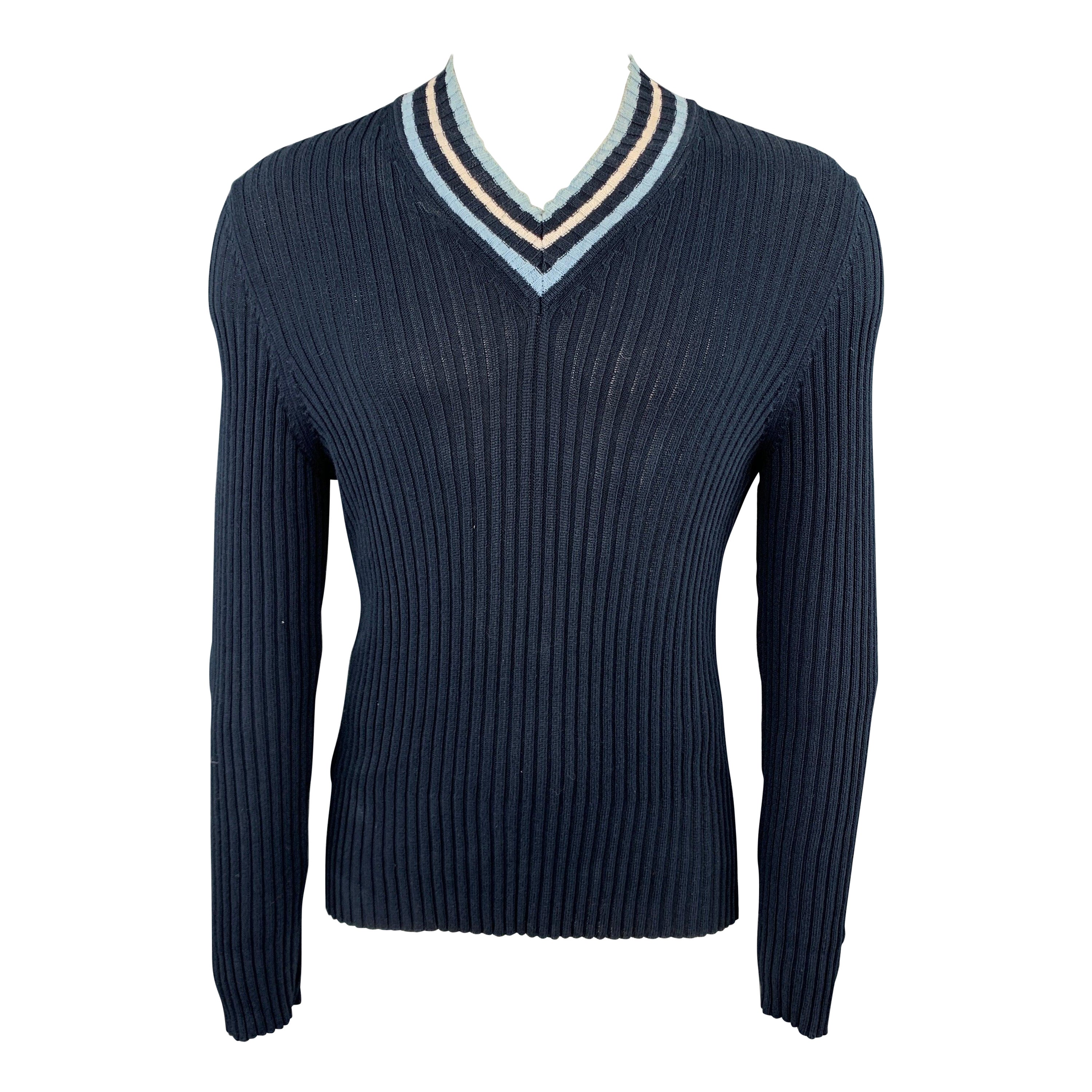 JOHN BARTLETT Size XL Navy Knitted Cotton V-Neck Pullover For Sale